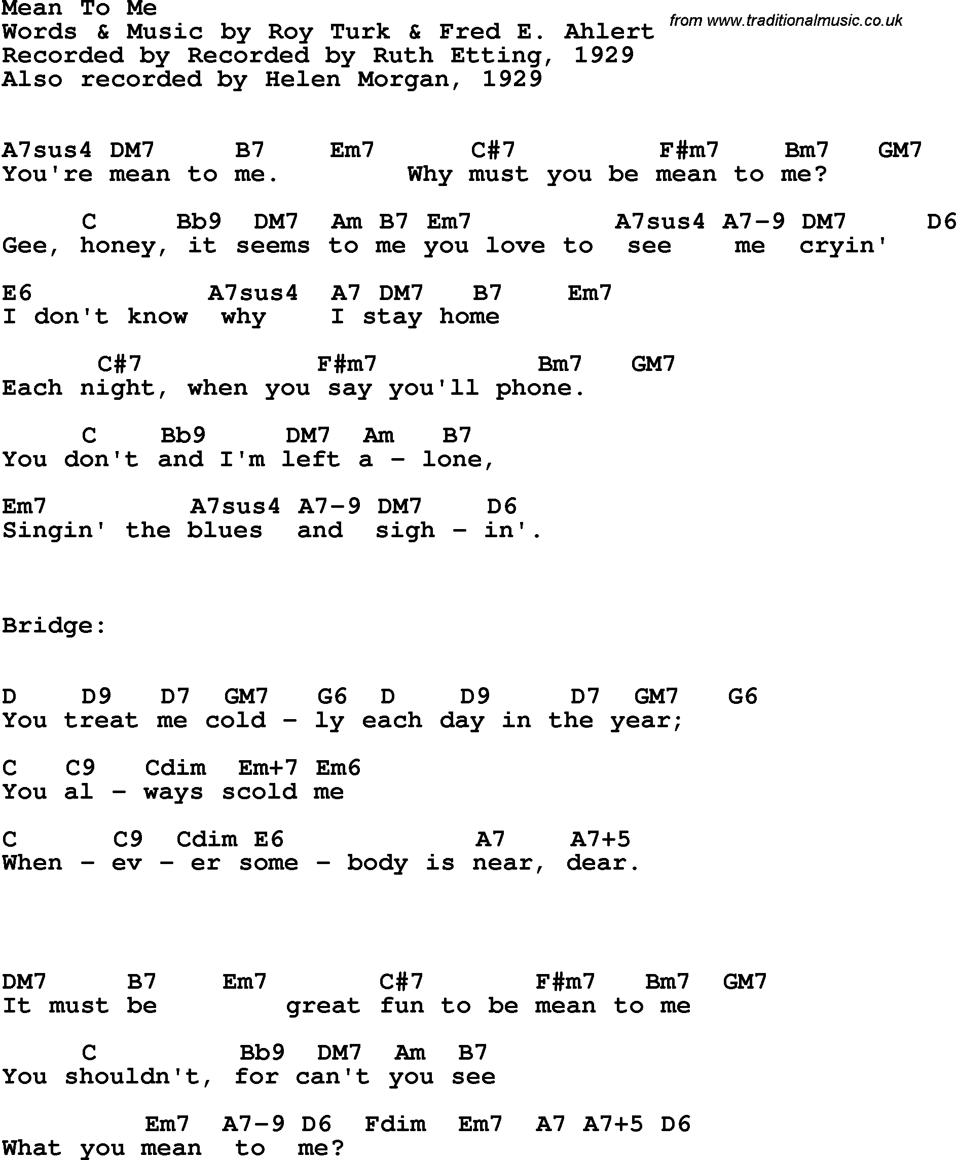 Song Lyrics with guitar chords for Mean To Me - Ruth Etting, 1929