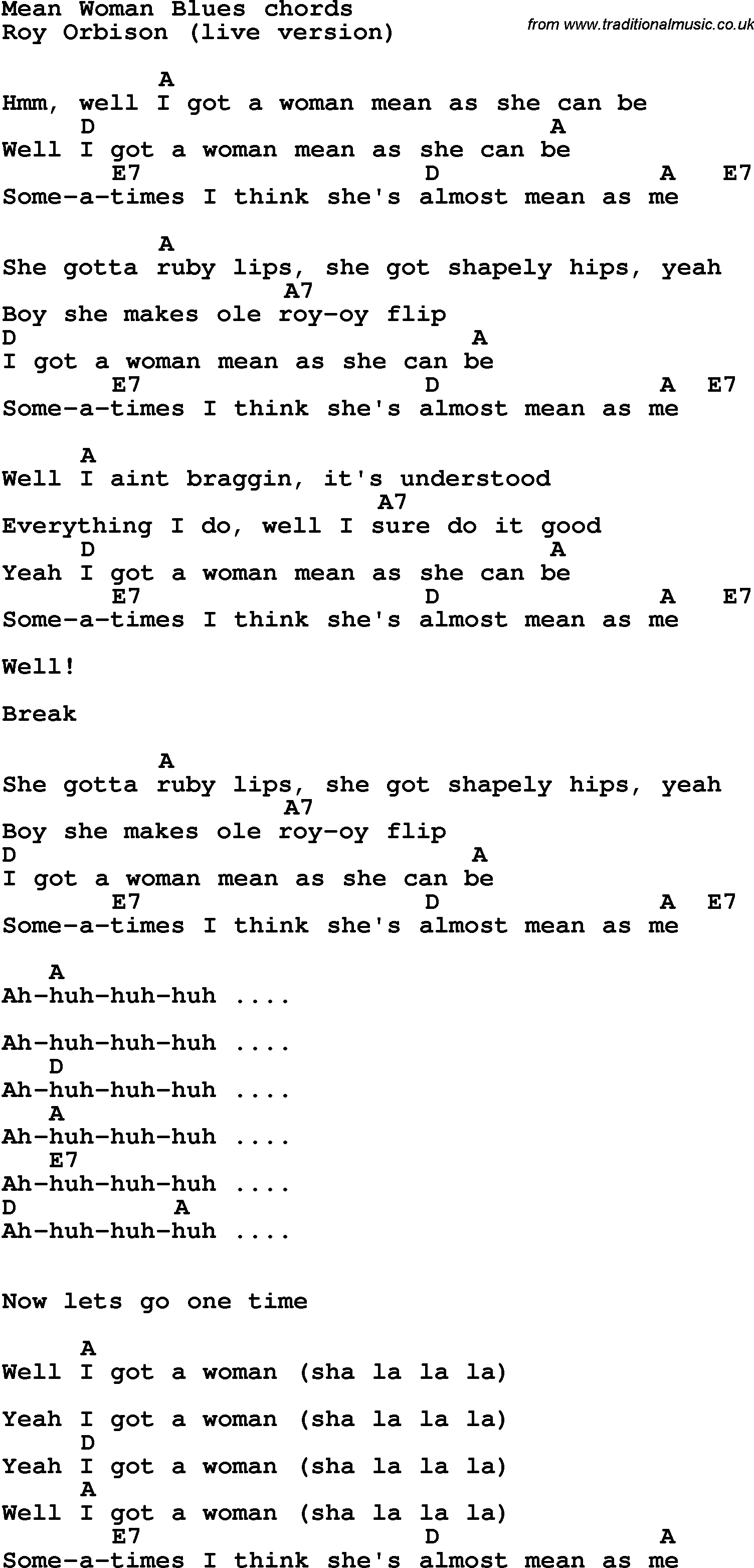 Song Lyrics with guitar chords for Mean Woman Blues - Roy Orbison