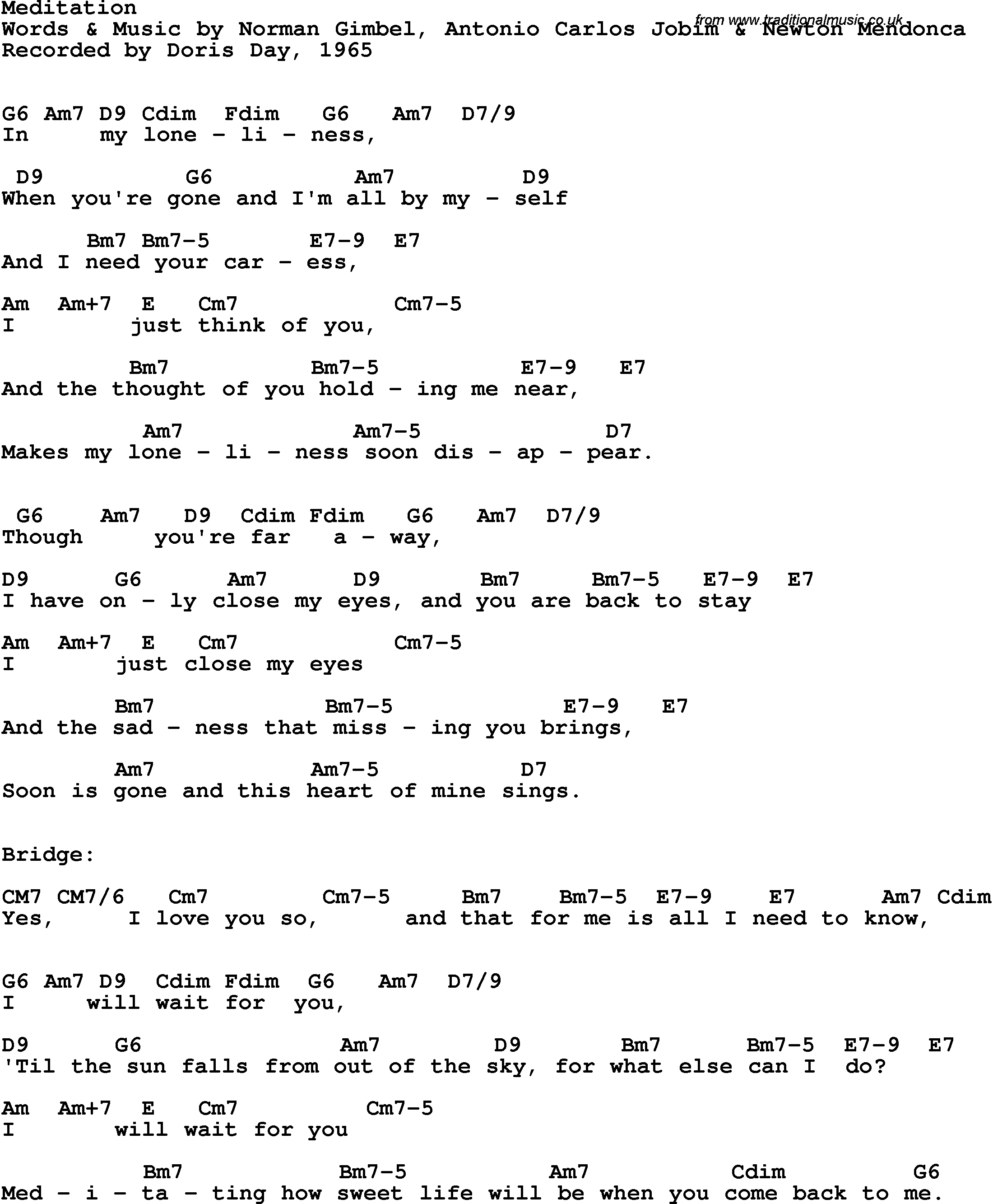Song Lyrics with guitar chords for Meditation - Doris Day, 1965