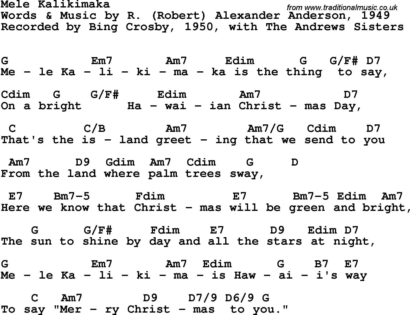Song Lyrics with guitar chords for Mele Kalikimaka - Bing Crosby, 1950