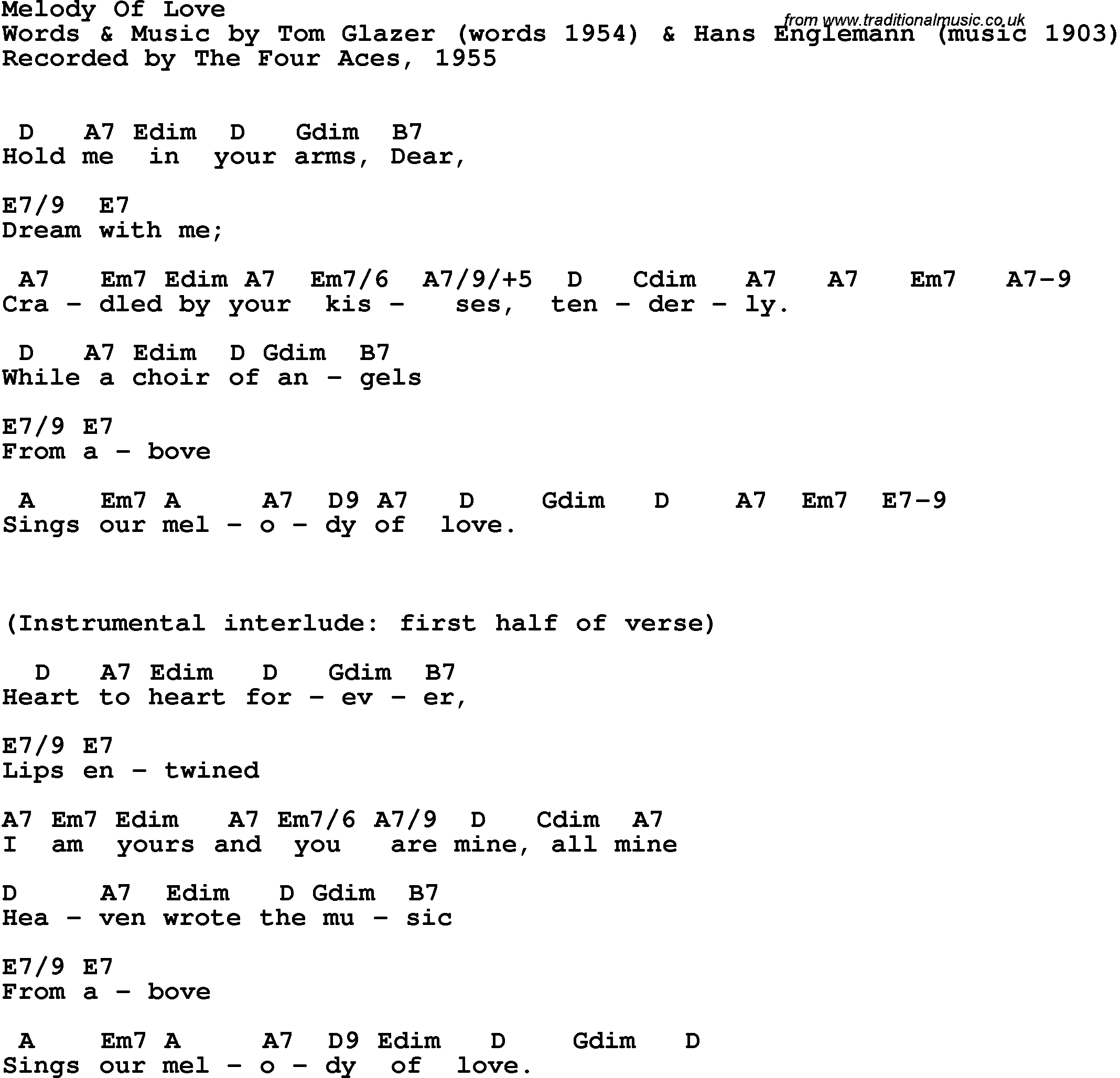 Song Lyrics with guitar chords for Melody Of Love - The Four Aces, 1955