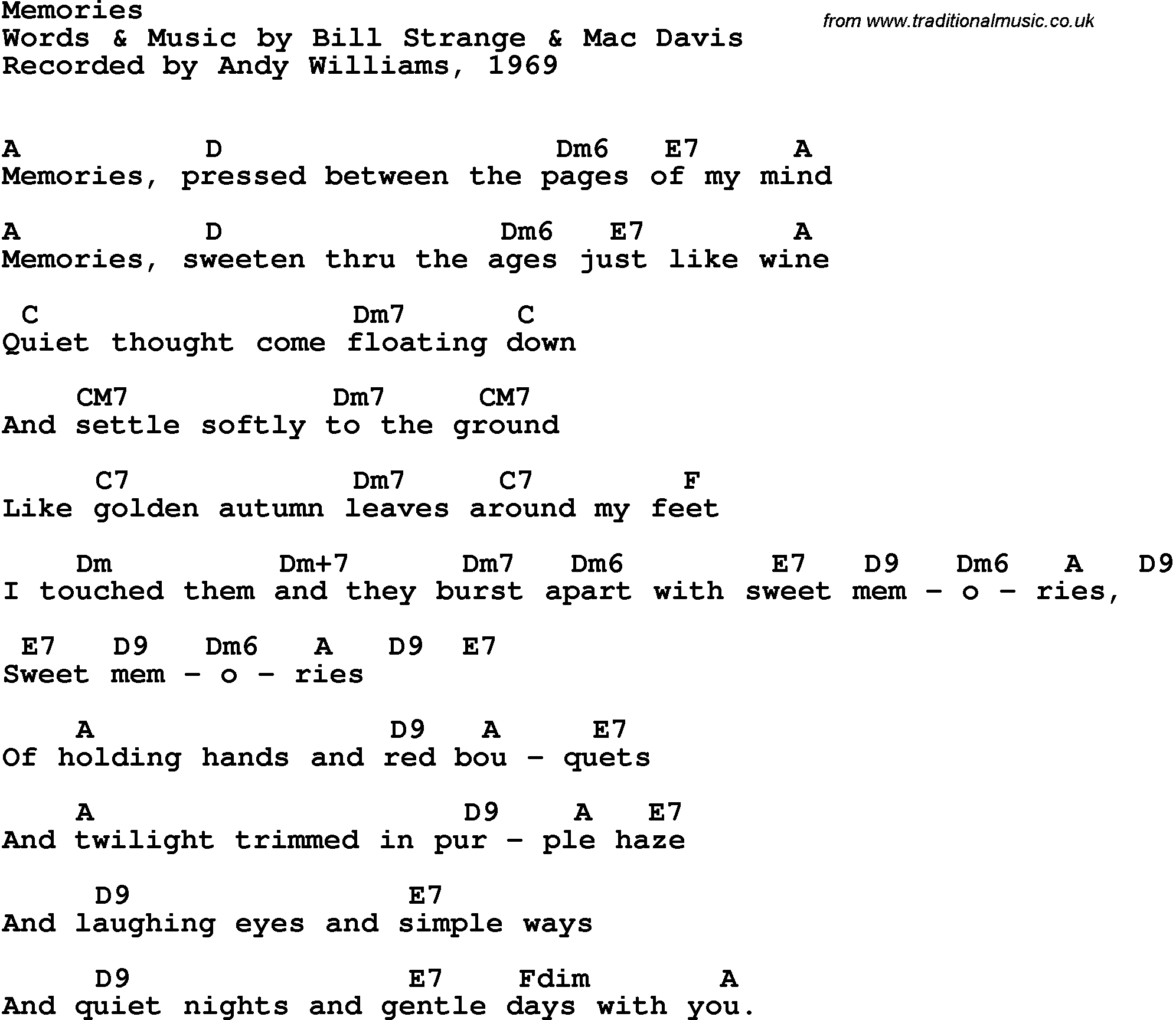 Song Lyrics with guitar chords for Memories - Andy Williams, 1962