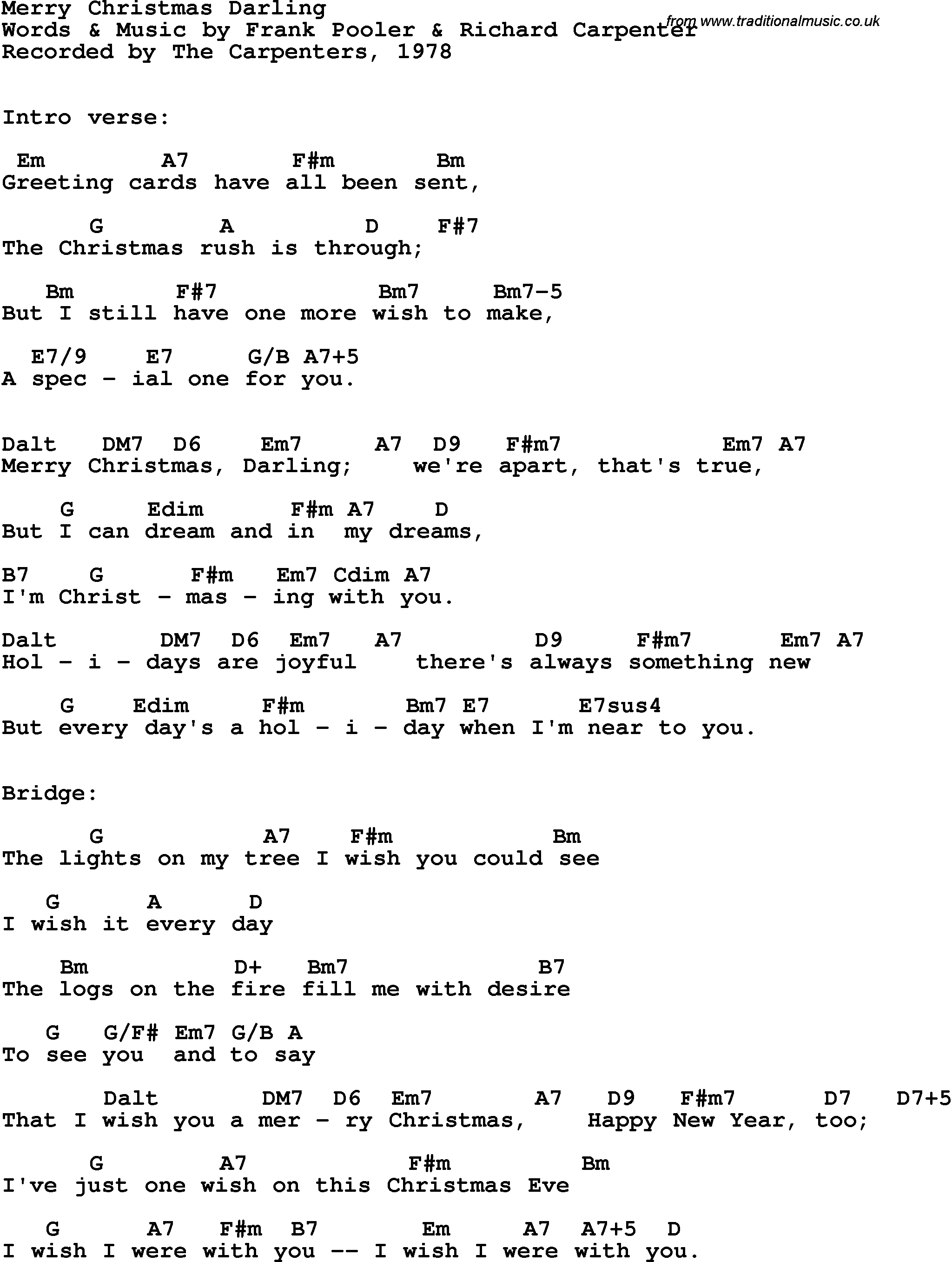 Song Lyrics with guitar chords for Merry Christmas Darling - The Carpenters, 1978