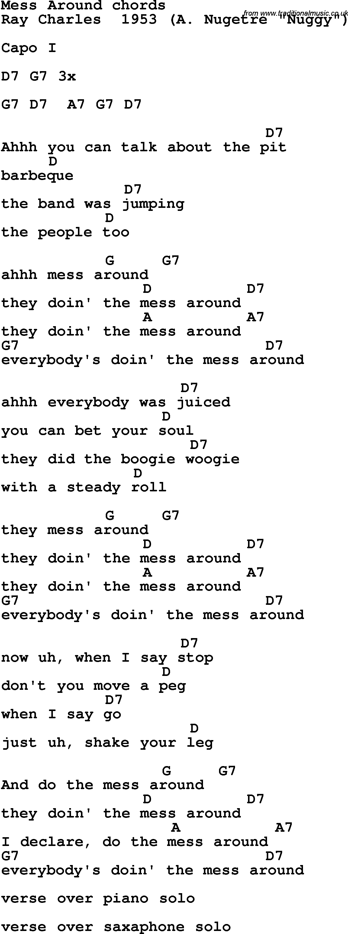 Song Lyrics with guitar chords for Mess Around