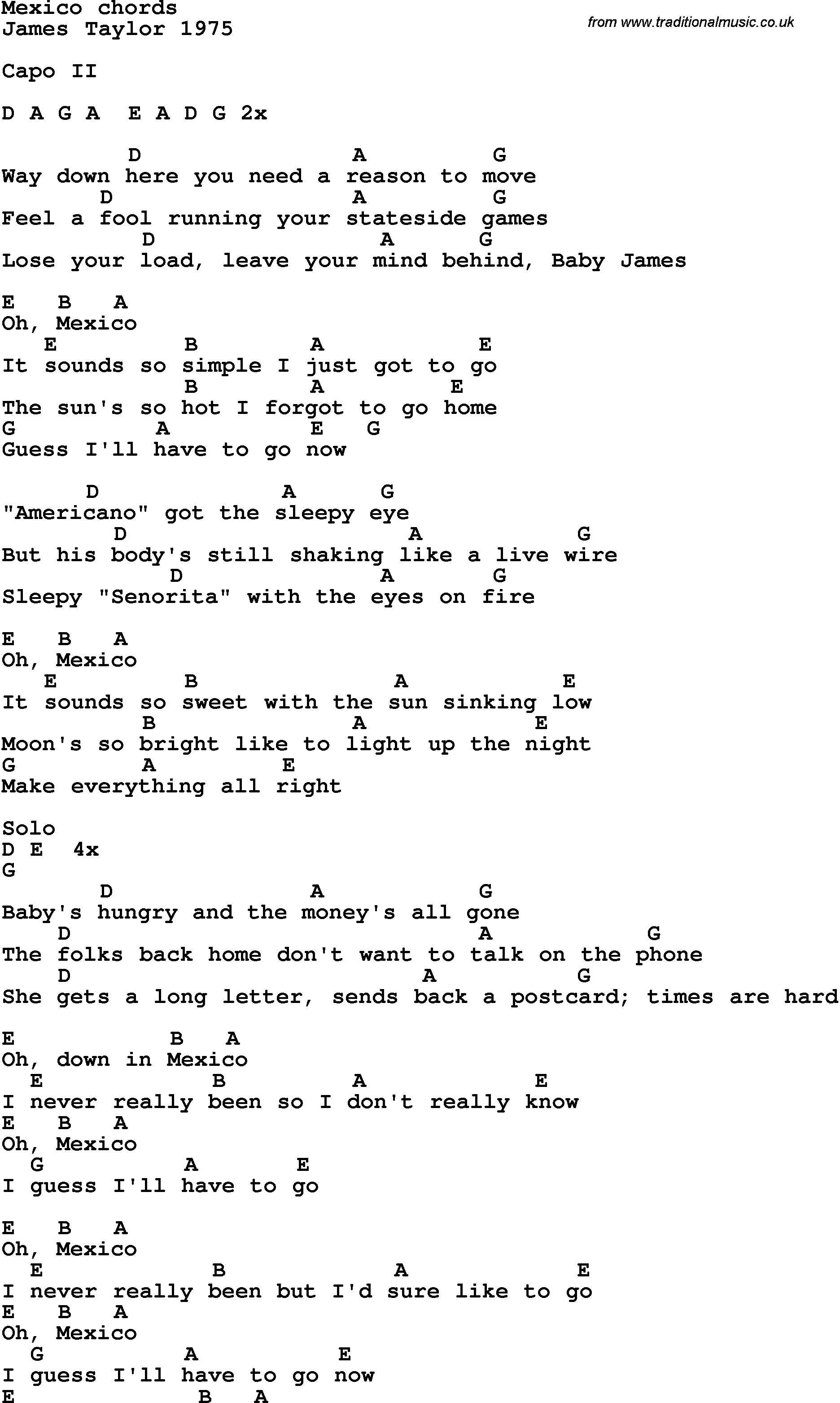 Song Lyrics with guitar chords for Mexico