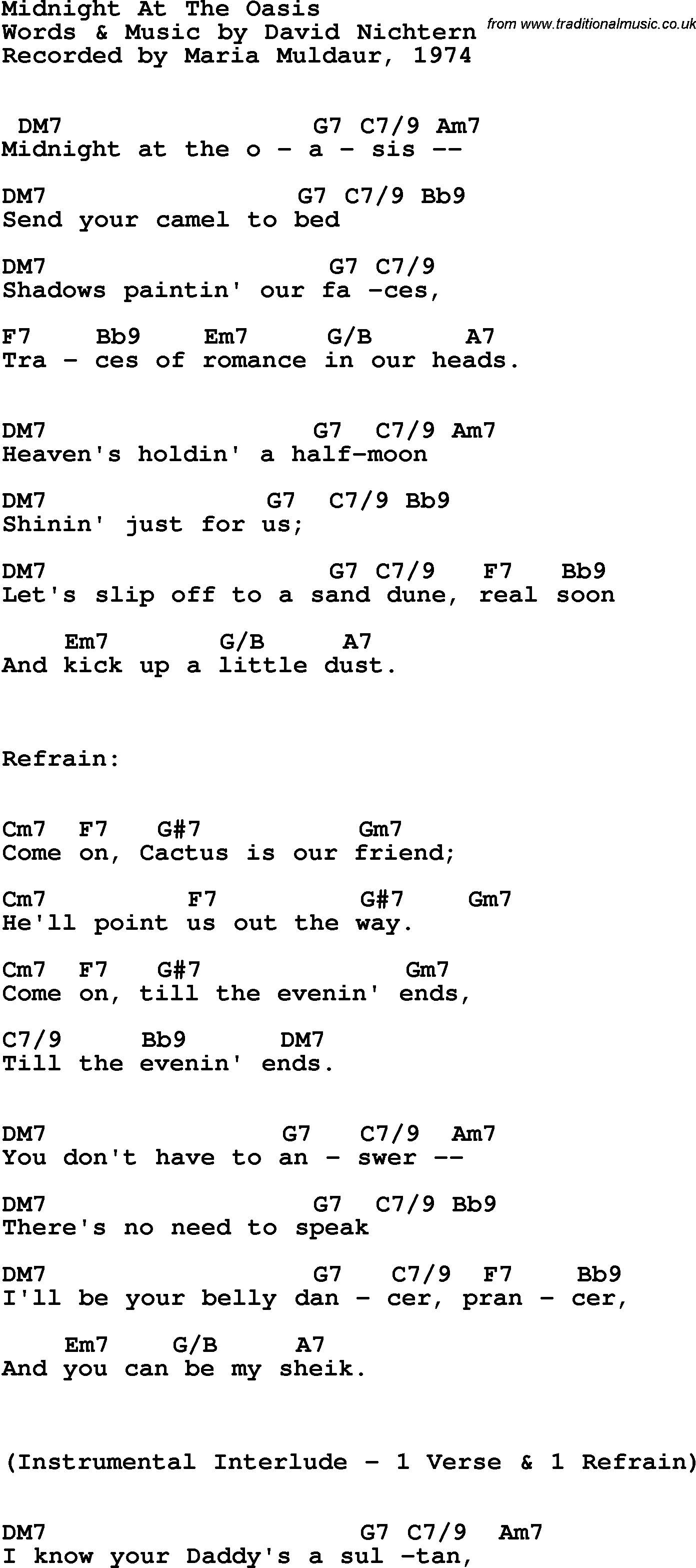 Song Lyrics with guitar chords for Midnight At The Oasis - Maria Muldaur, 1974