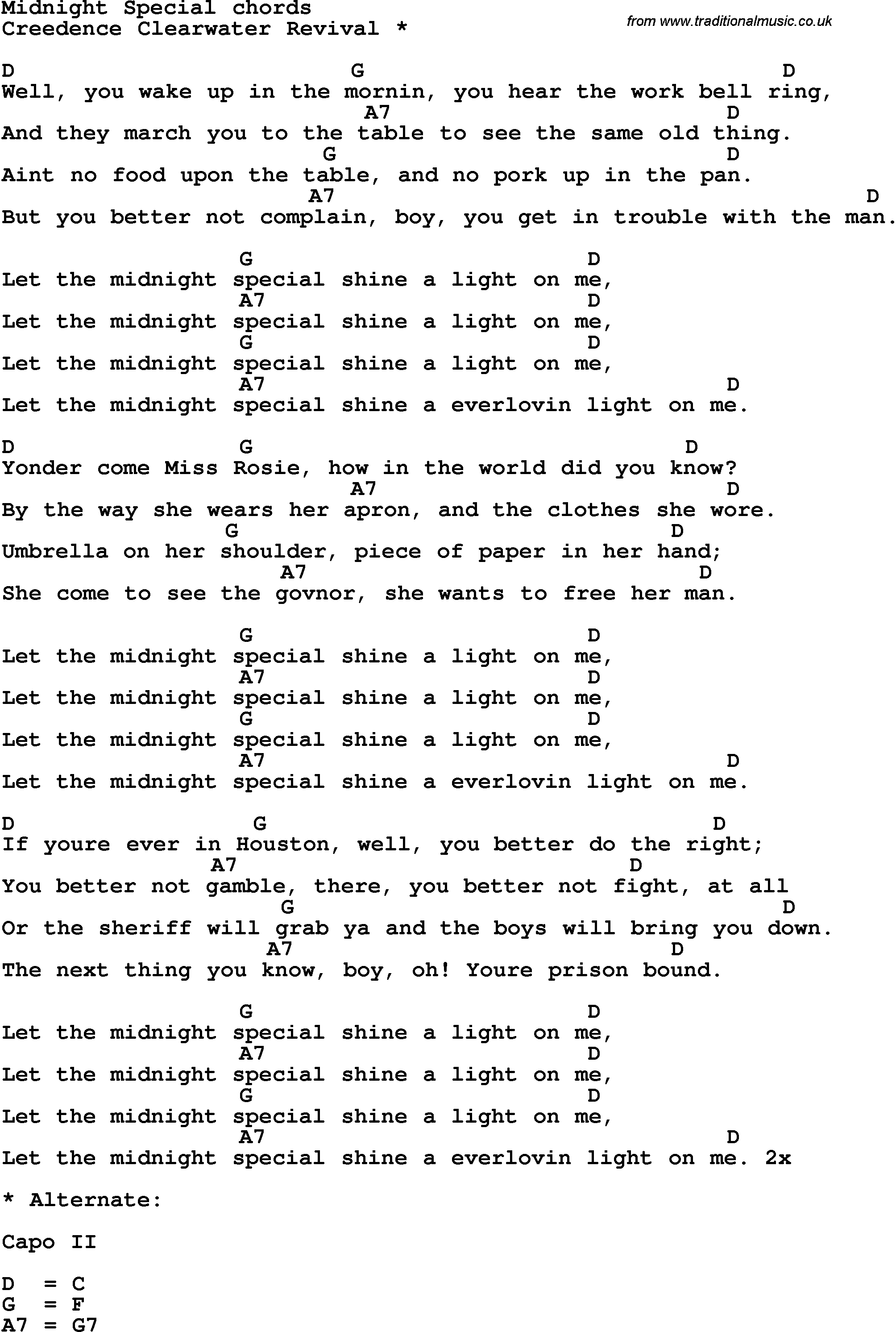 Song Lyrics with guitar chords for Midnight Special