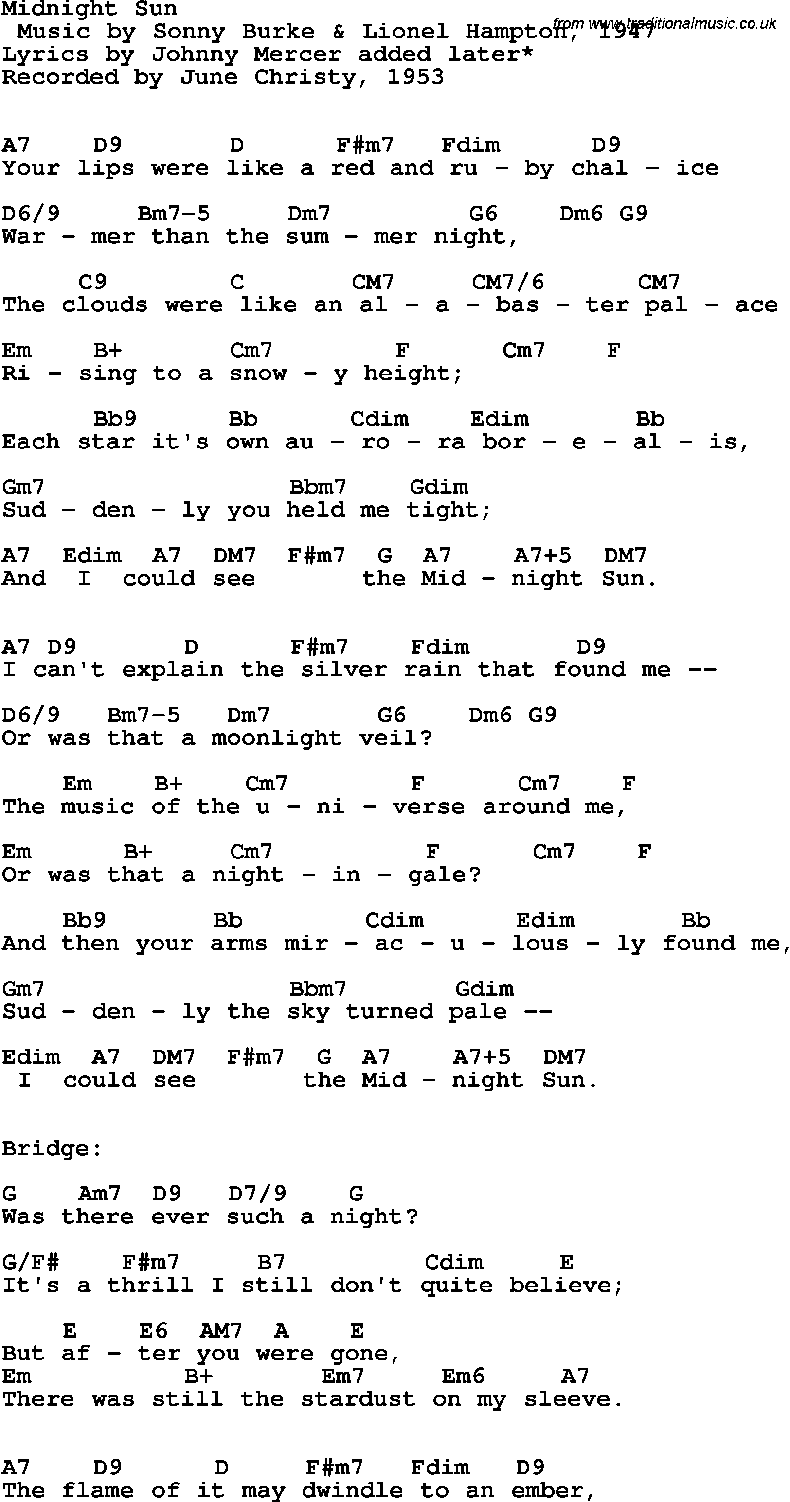Song Lyrics with guitar chords for Midnight Sun - June Christy, 1953