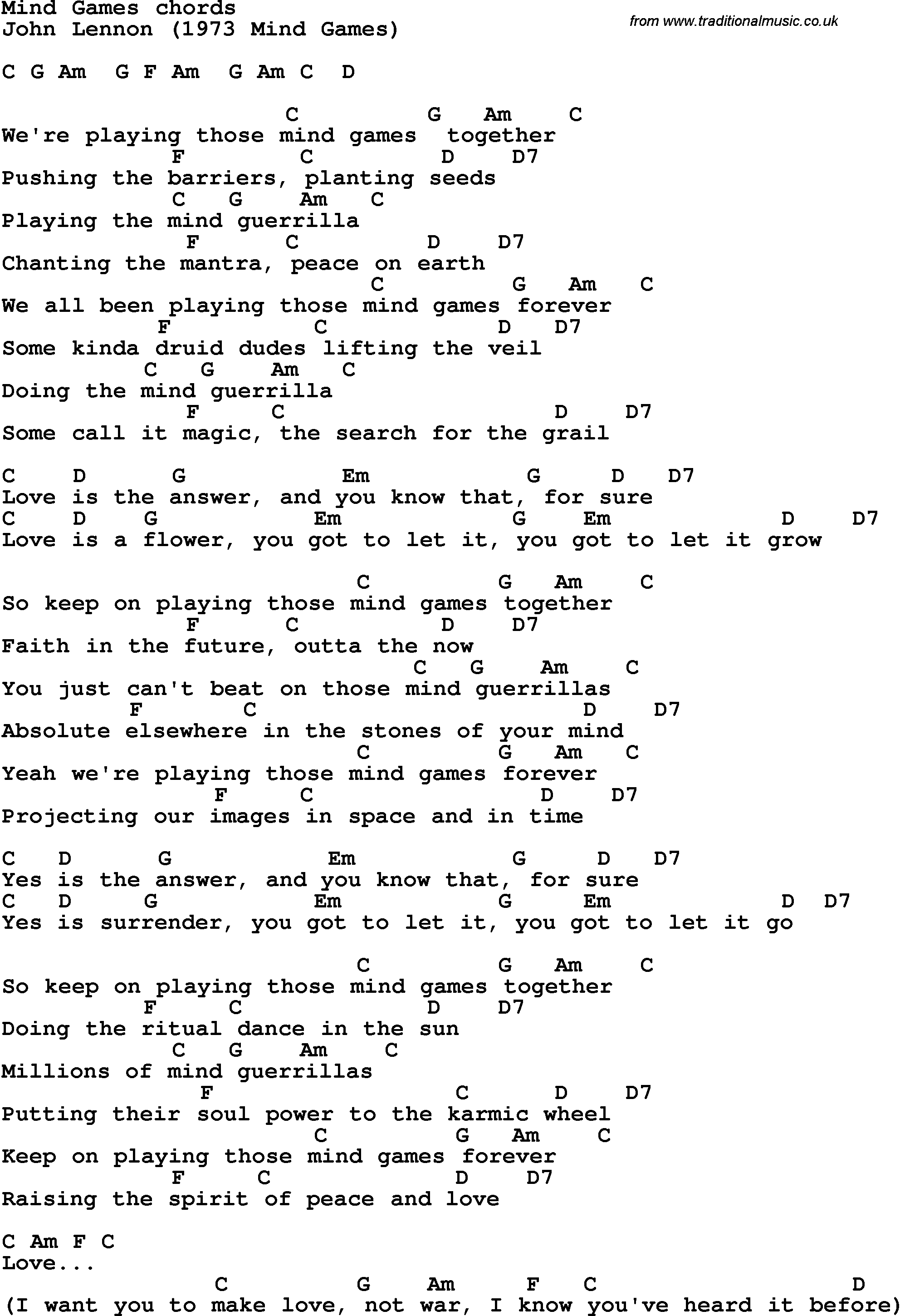 Song Lyrics with guitar chords for Mind Games