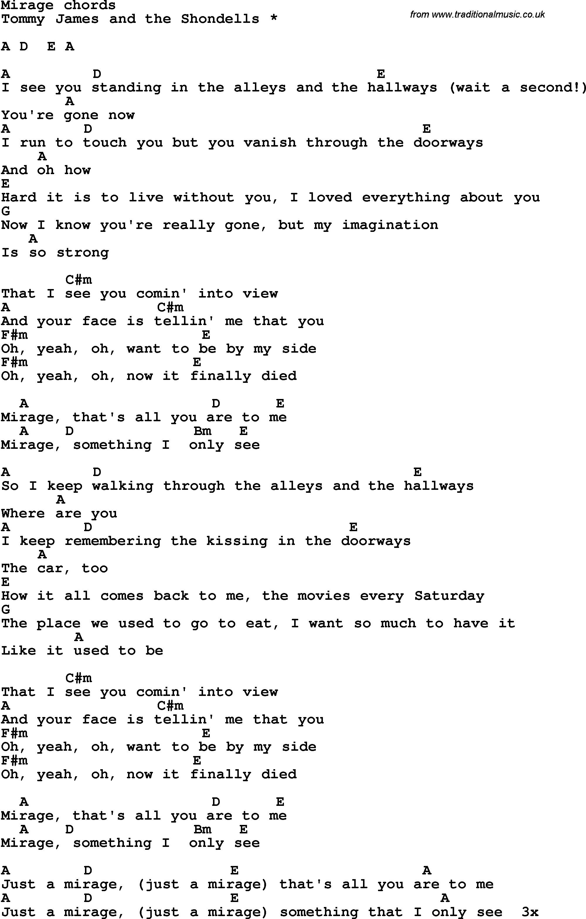 Song Lyrics with guitar chords for Mirage