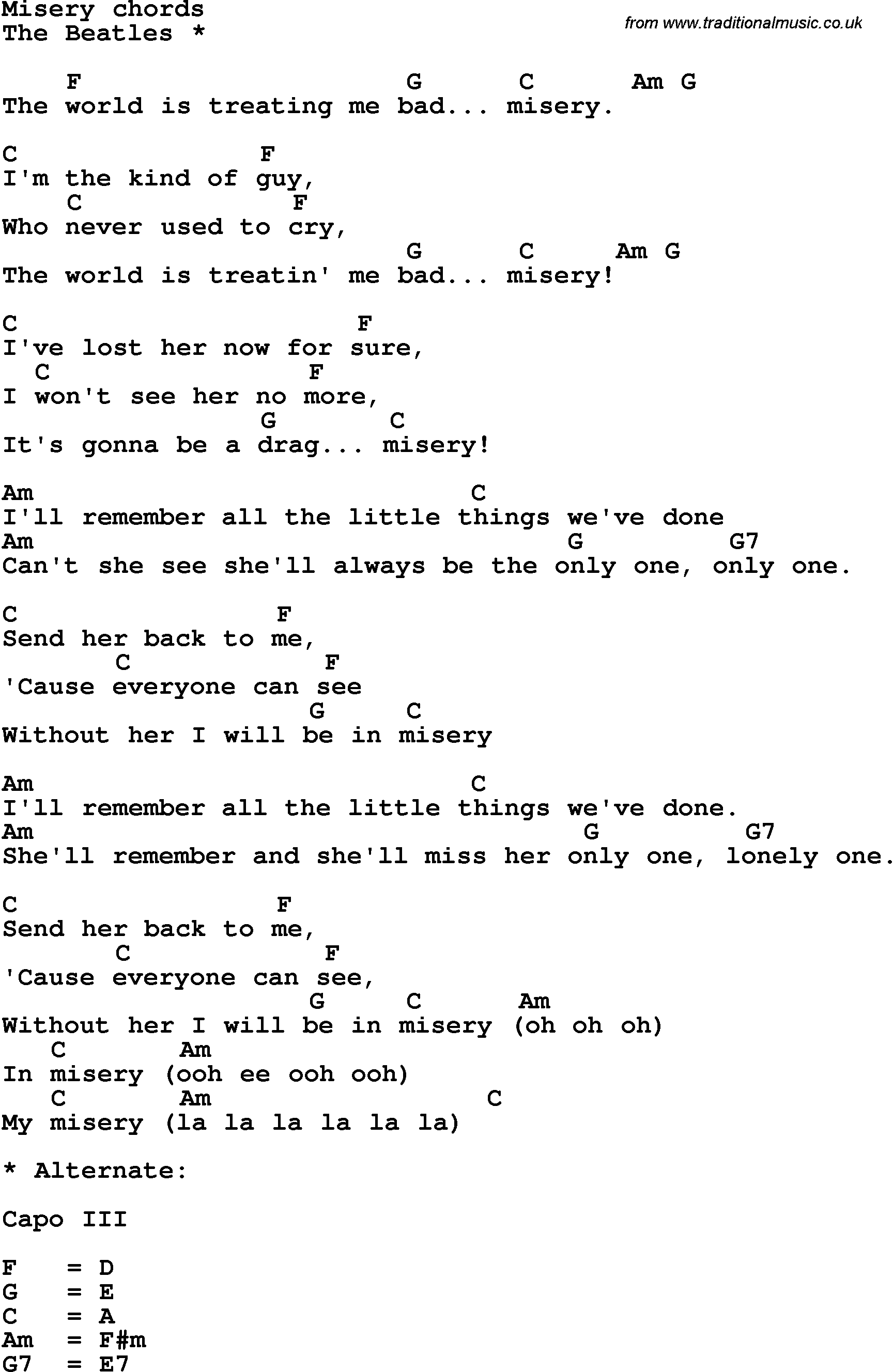 Song Lyrics with guitar chords for Misery - The Beatles