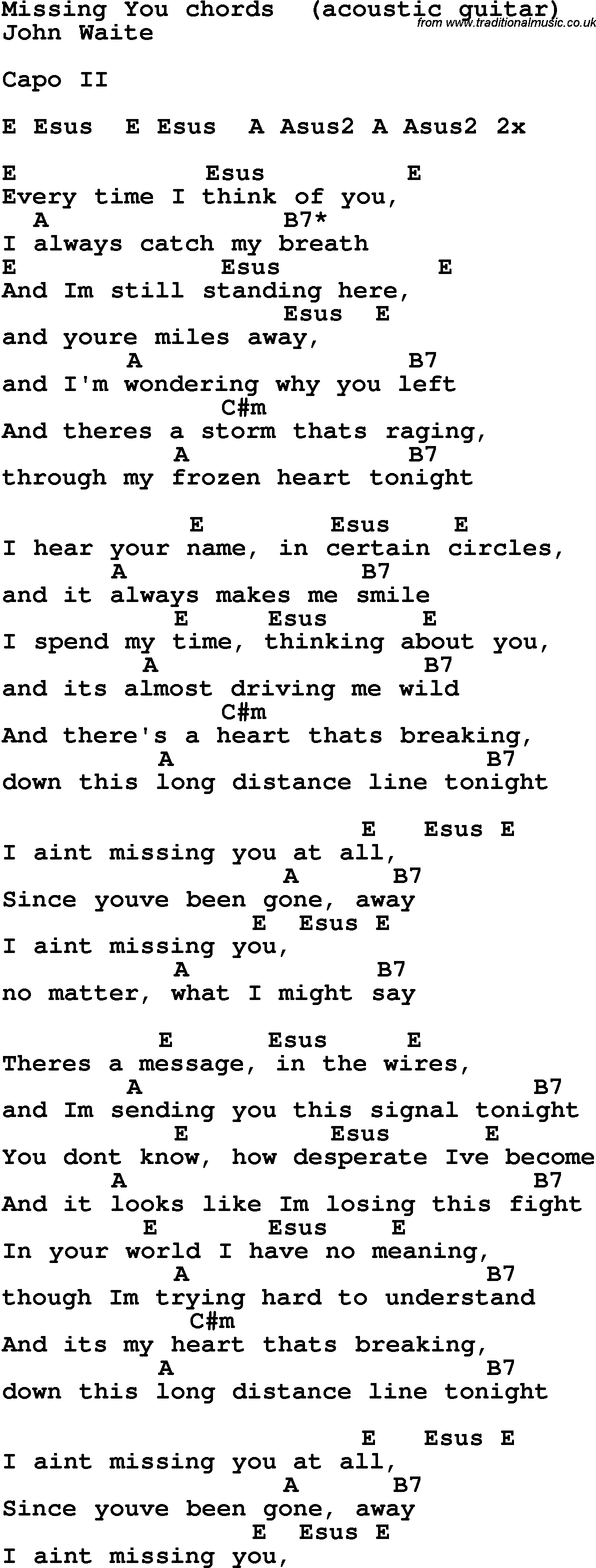 Song Lyrics with guitar chords for Missing You