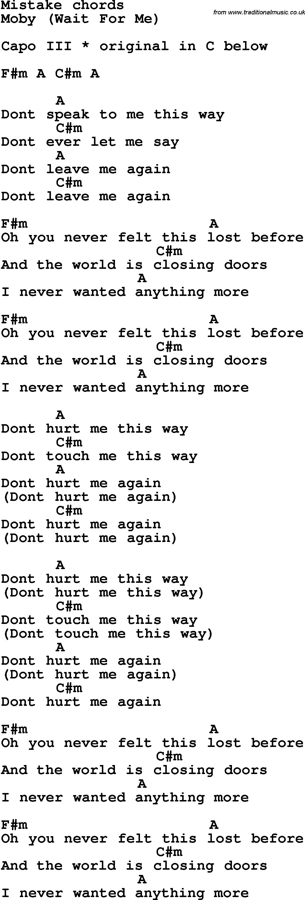 Song Lyrics with guitar chords for Mistake