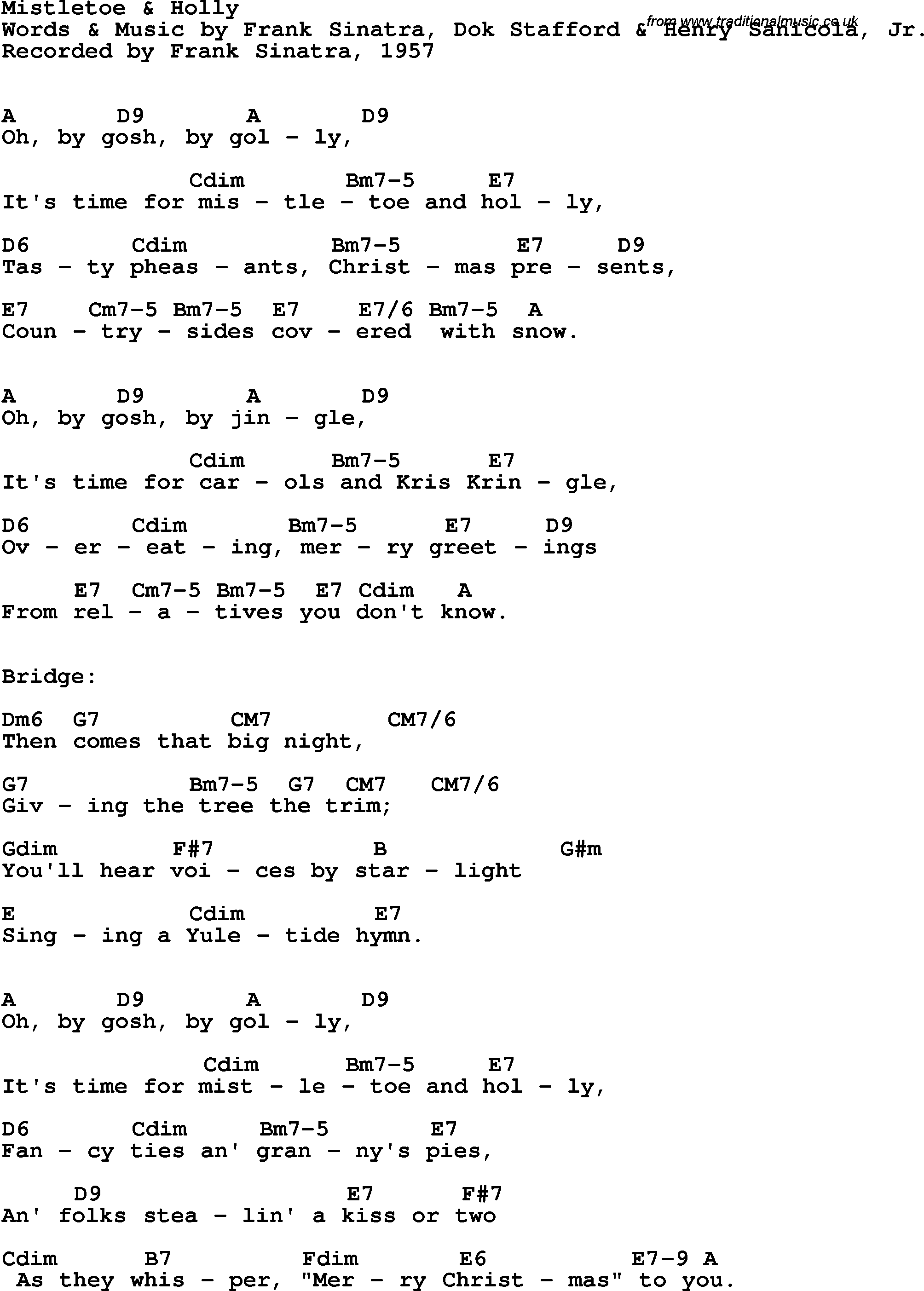Song Lyrics with guitar chords for Mistletoe And Holly - Frank Sinatra, 1957