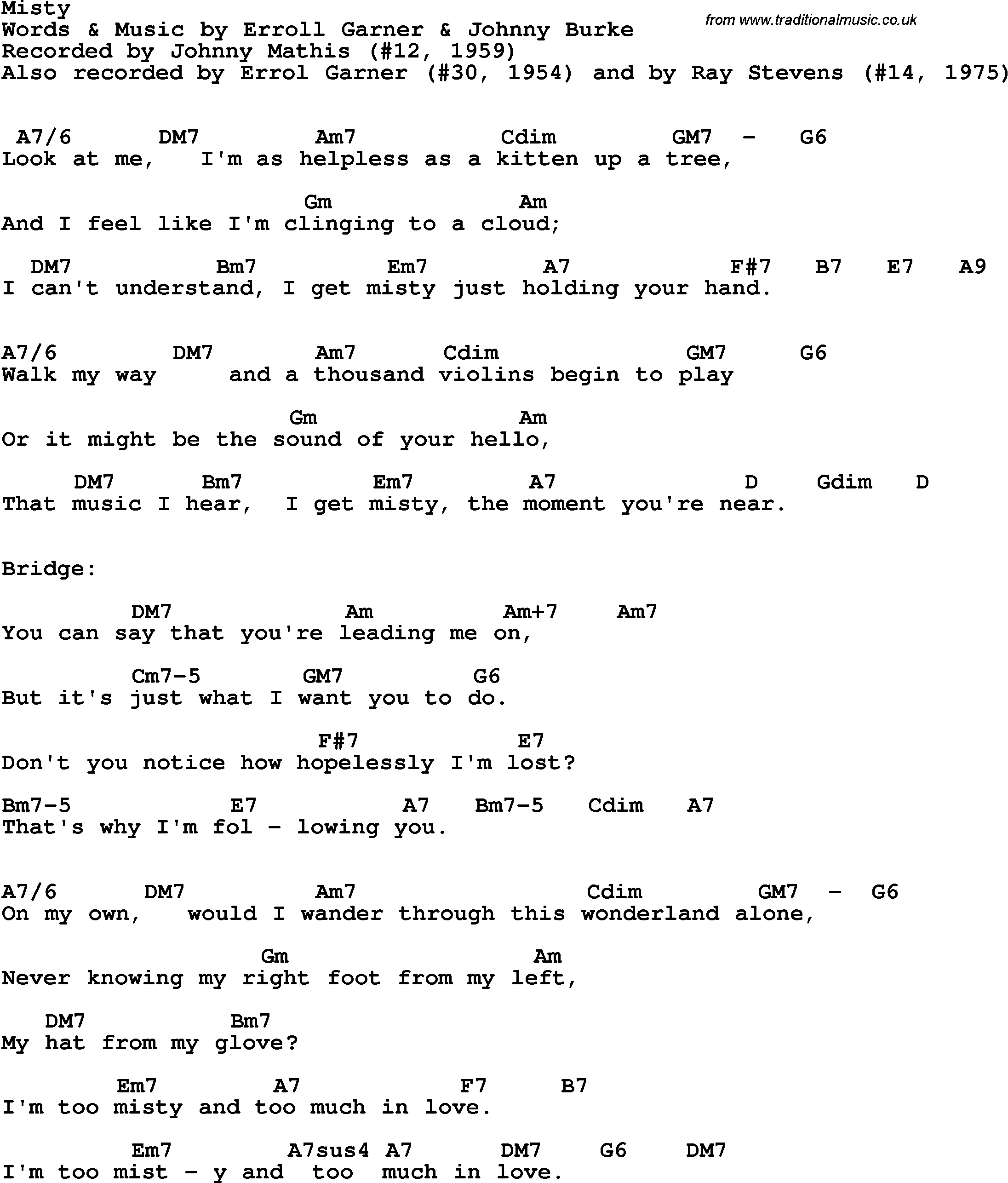Song Lyrics with guitar chords for Misty - Johnny Mathis, 1959