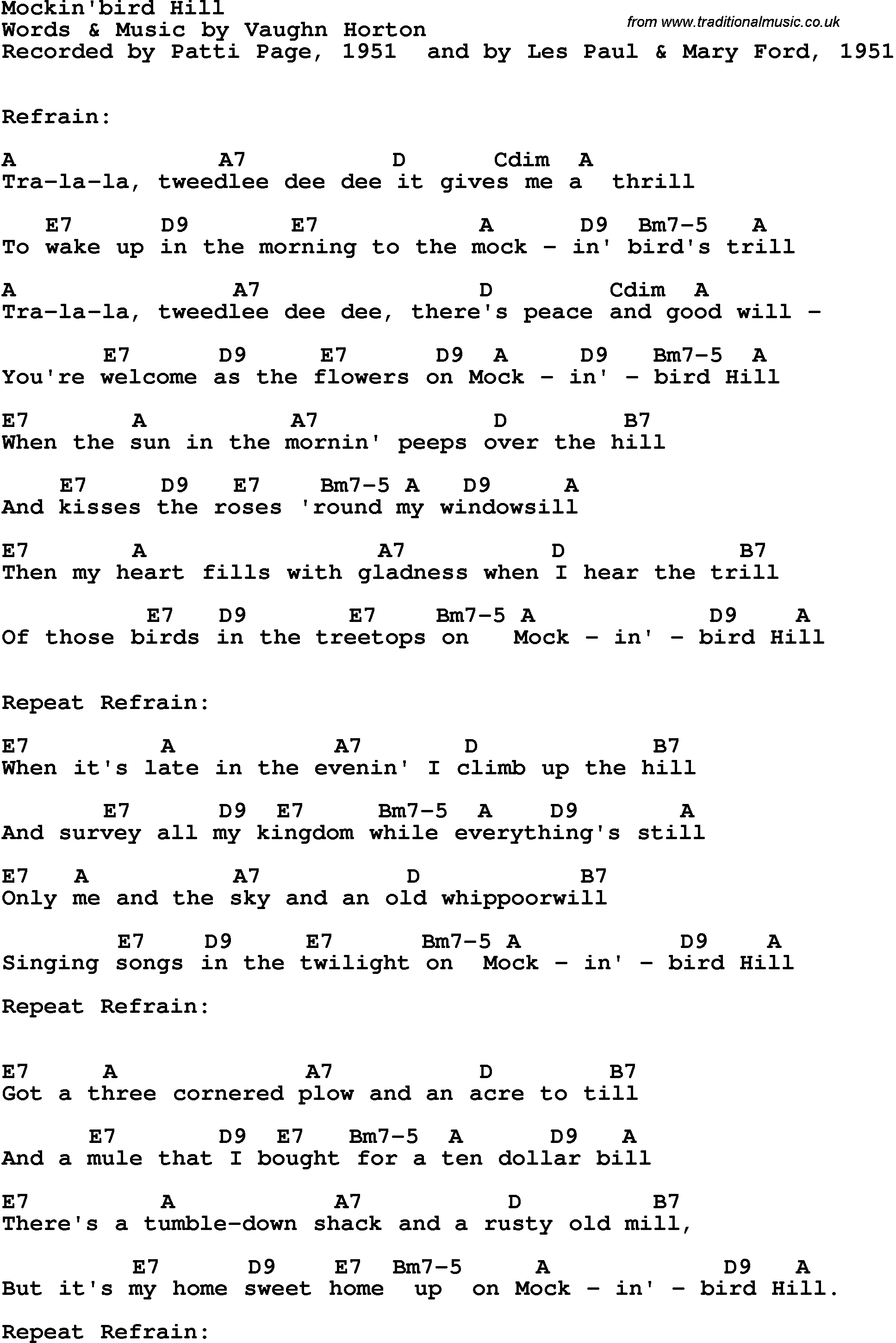 Song Lyrics with guitar chords for Mockin'bird Hill - Patti Page, 1951