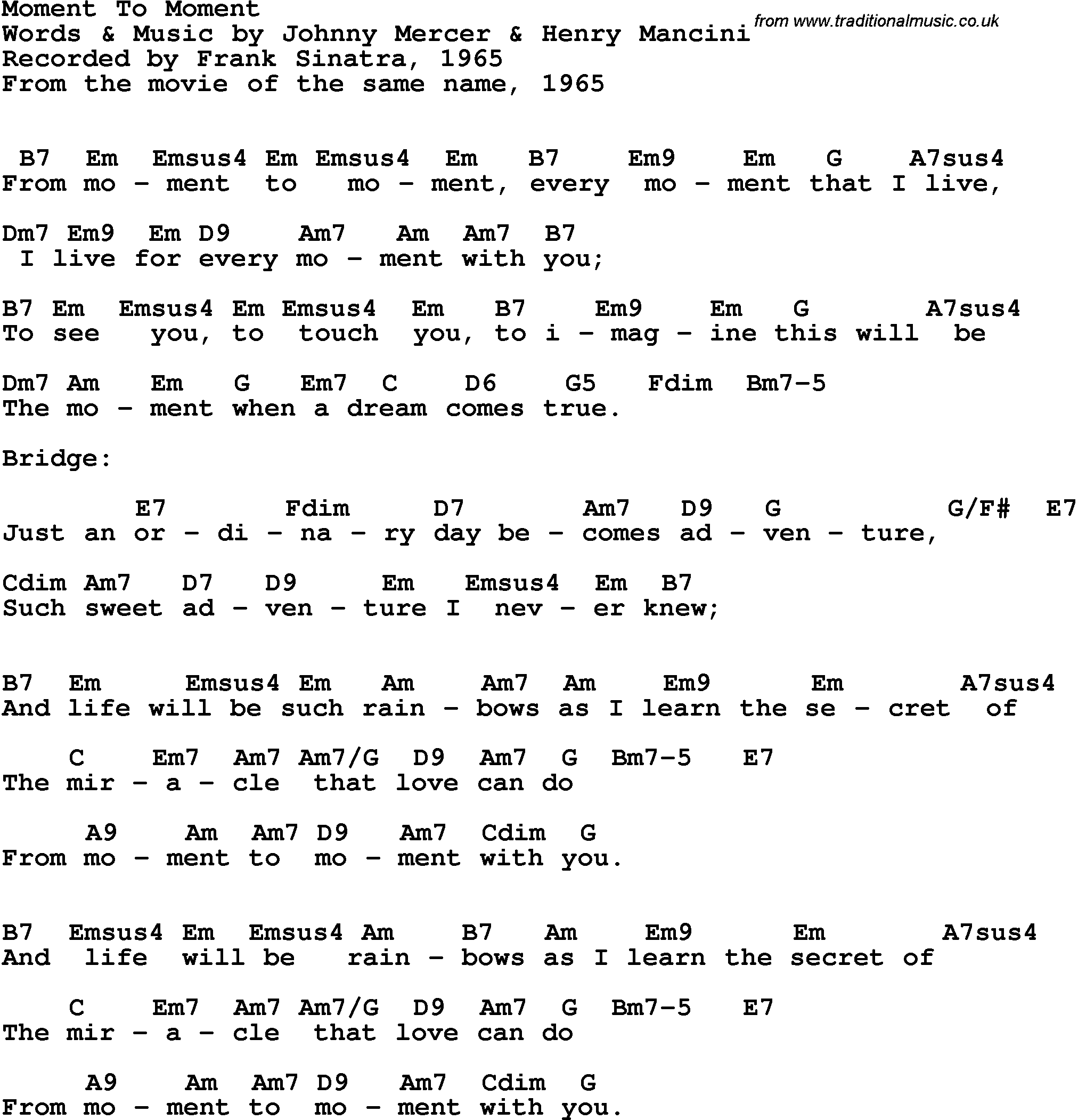 Song Lyrics with guitar chords for Moment To Moment - Frank Sinatra, 1965