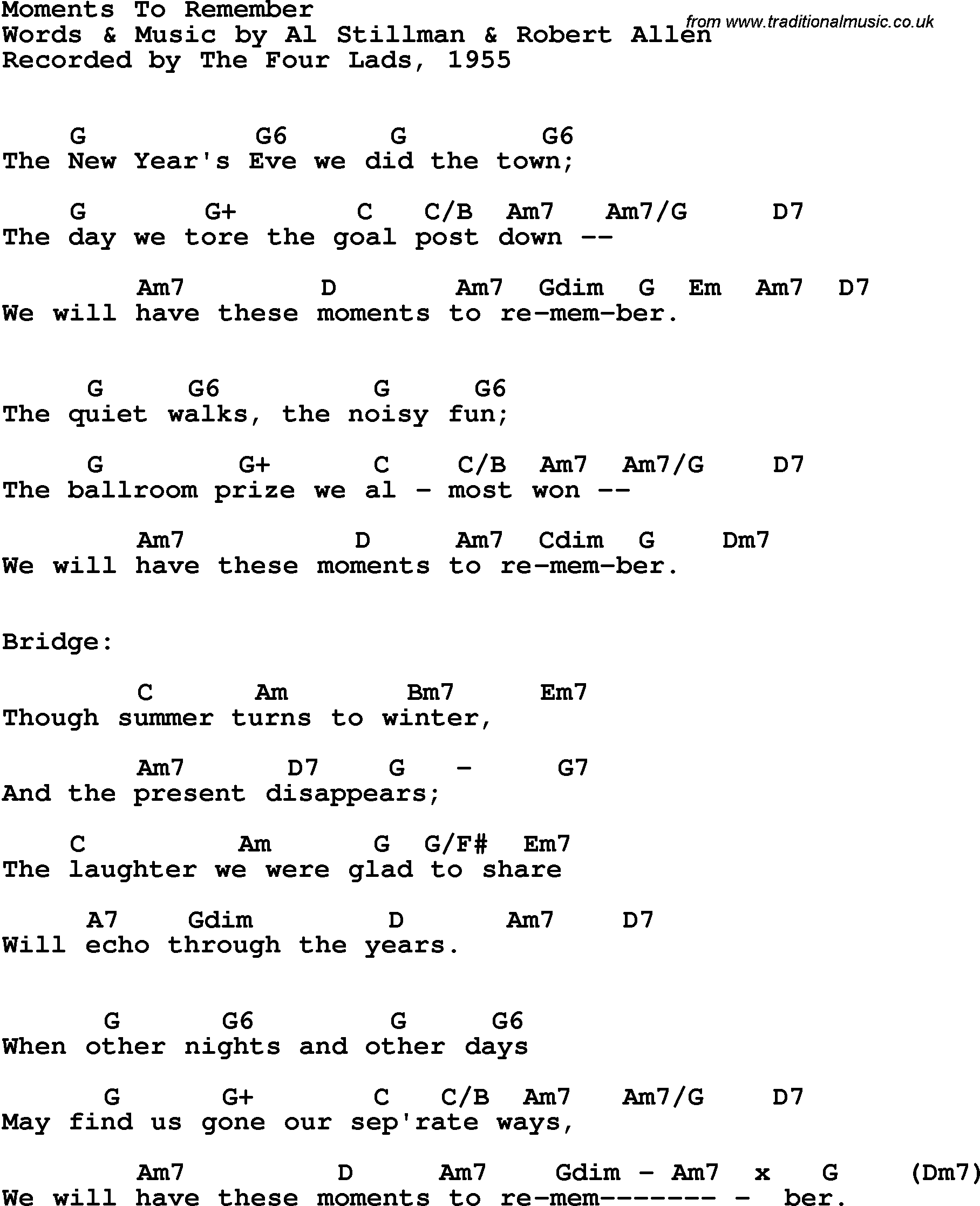 Song Lyrics with guitar chords for Moments To Remember - The Four Lads, 1955
