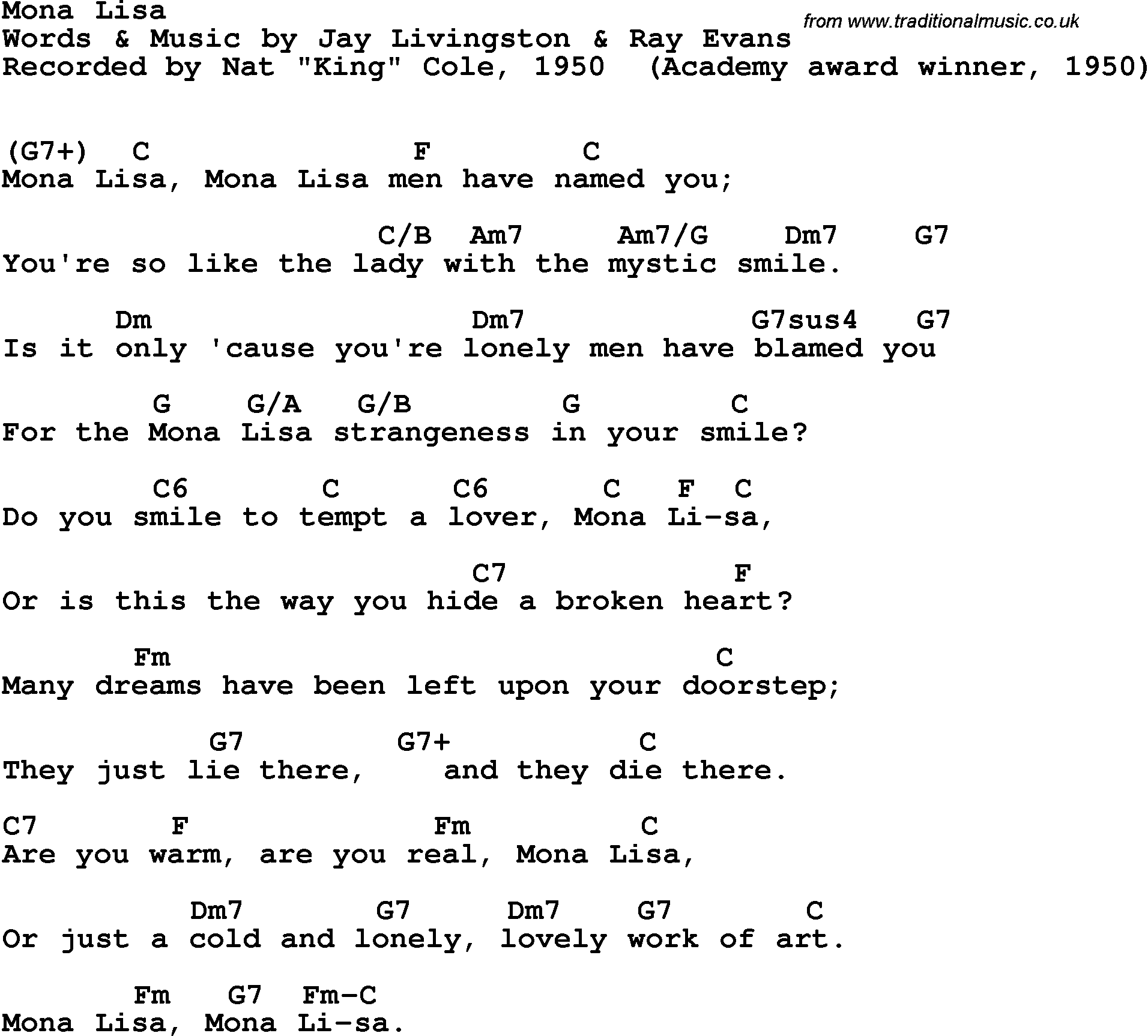 Song Lyrics with guitar chords for Mona Lisa - Nat King Cole, 1950
