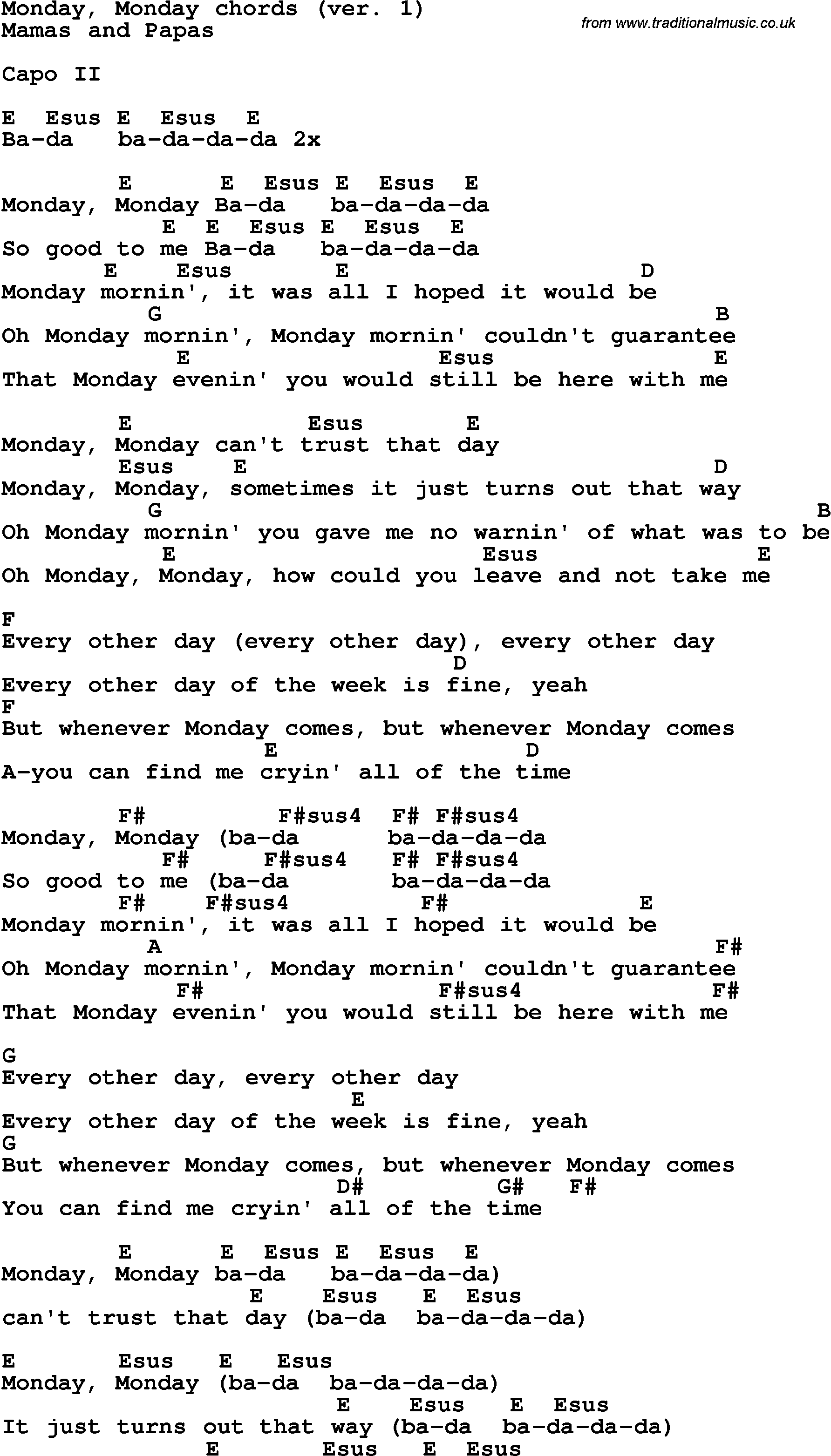 Song Lyrics with guitar chords for Monday, Monday