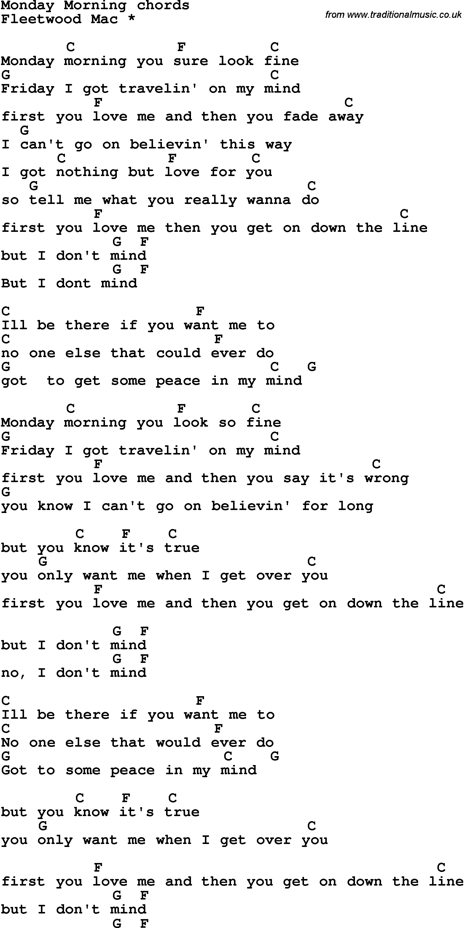Song Lyrics with guitar chords for Monday Morning