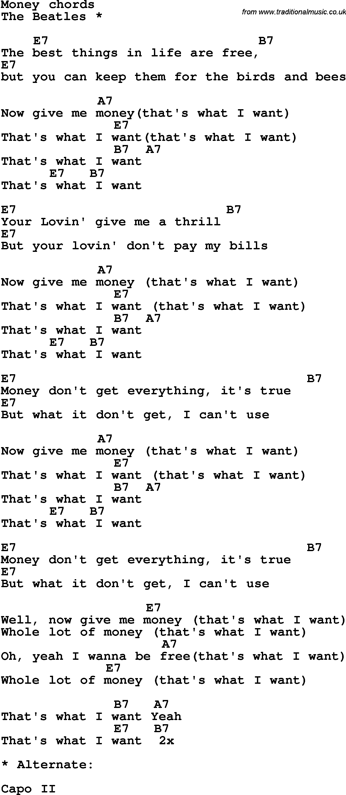 Song Lyrics with guitar chords for Money - The Beatles