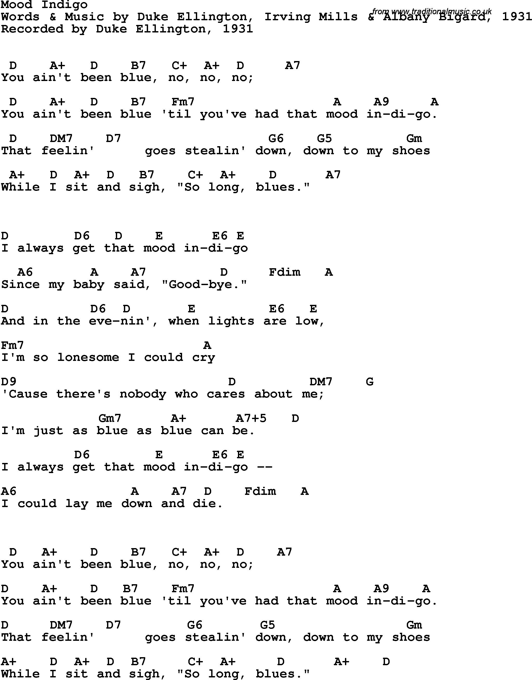 Song Lyrics with guitar chords for Mood Indigo -duke Ellington, 1931