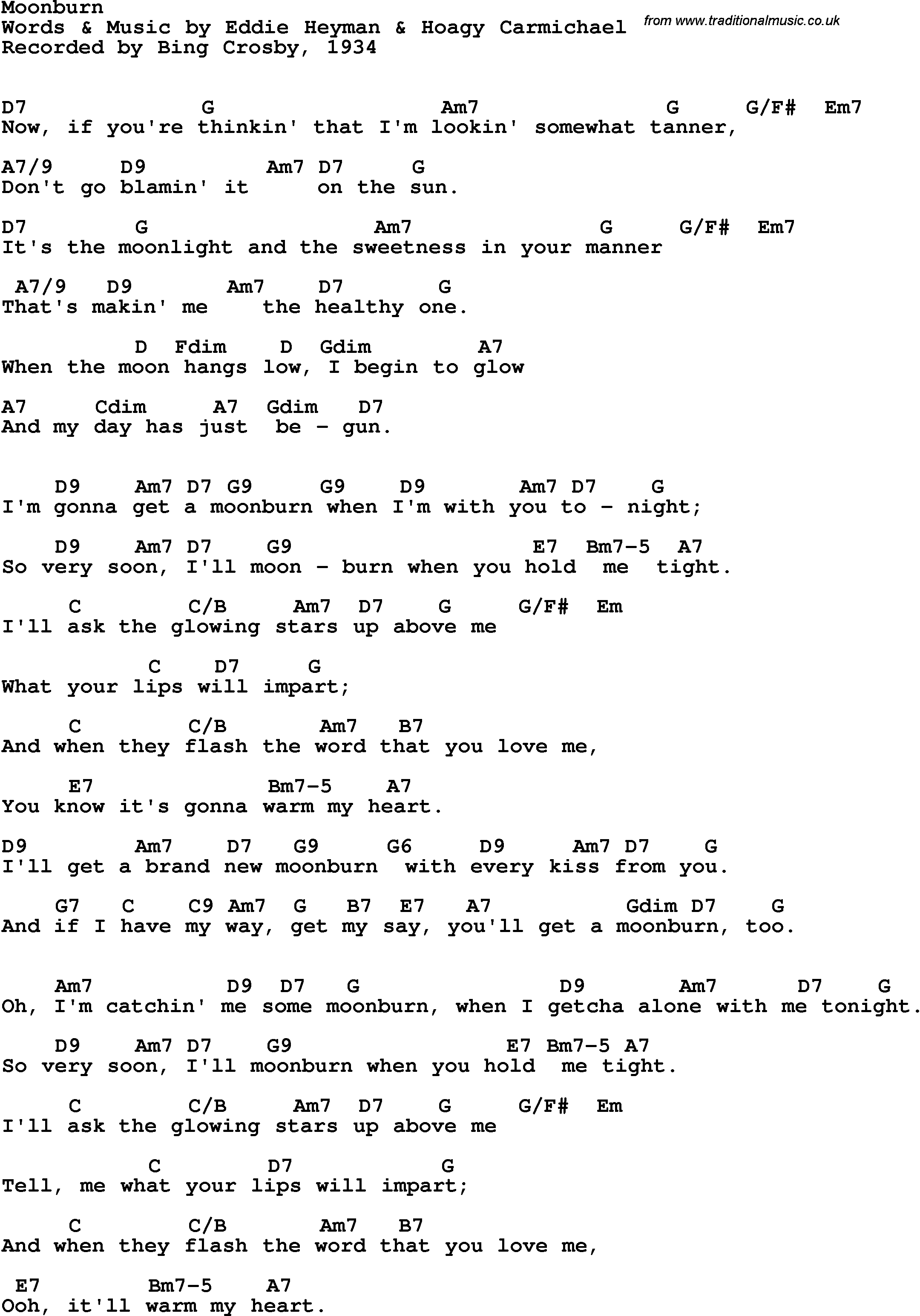 Song Lyrics with guitar chords for Moonburn - Bing Crosby, 1934