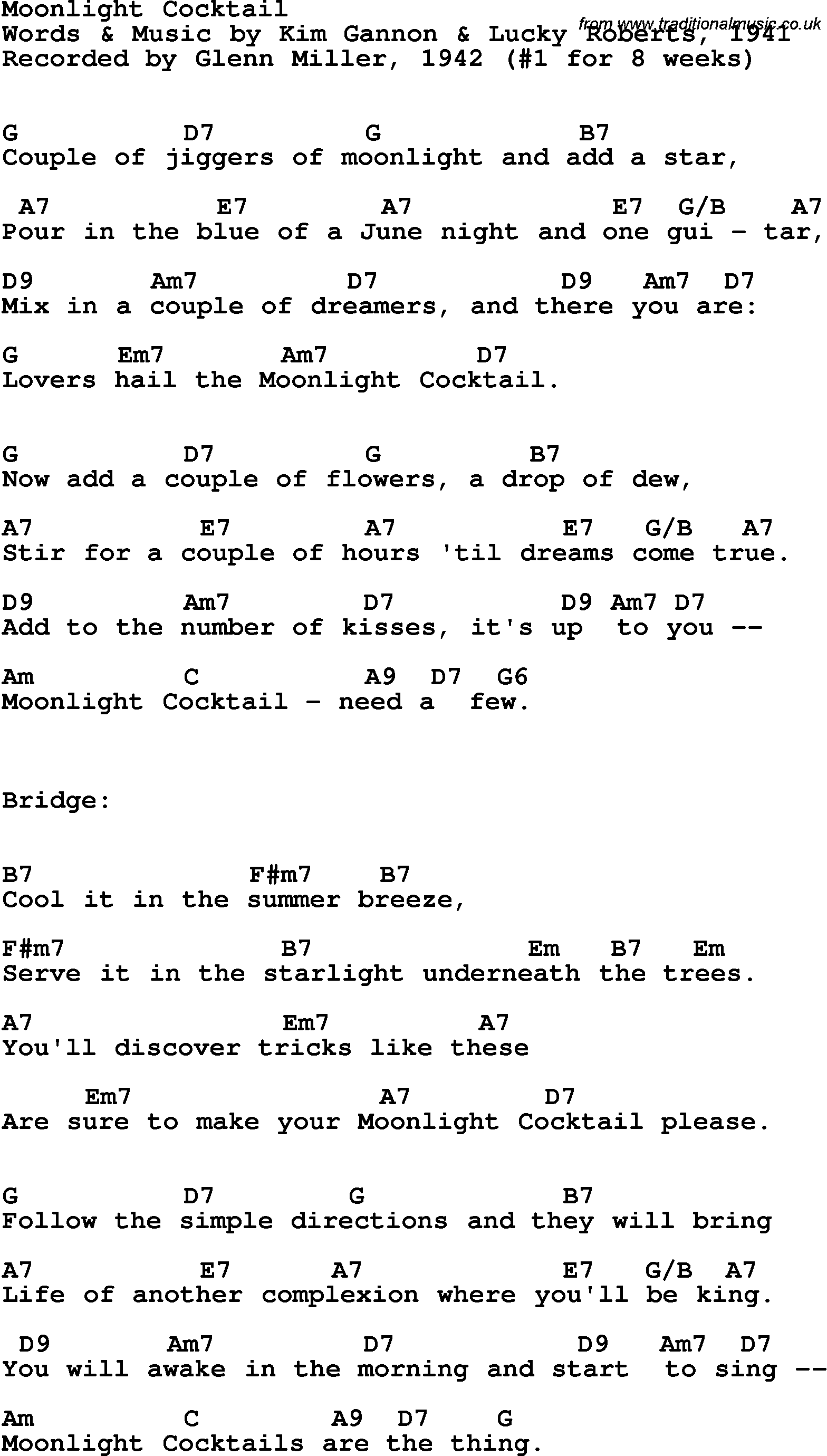 Song Lyrics with guitar chords for Moonlight Cocktail - Glenn Miller, 1942