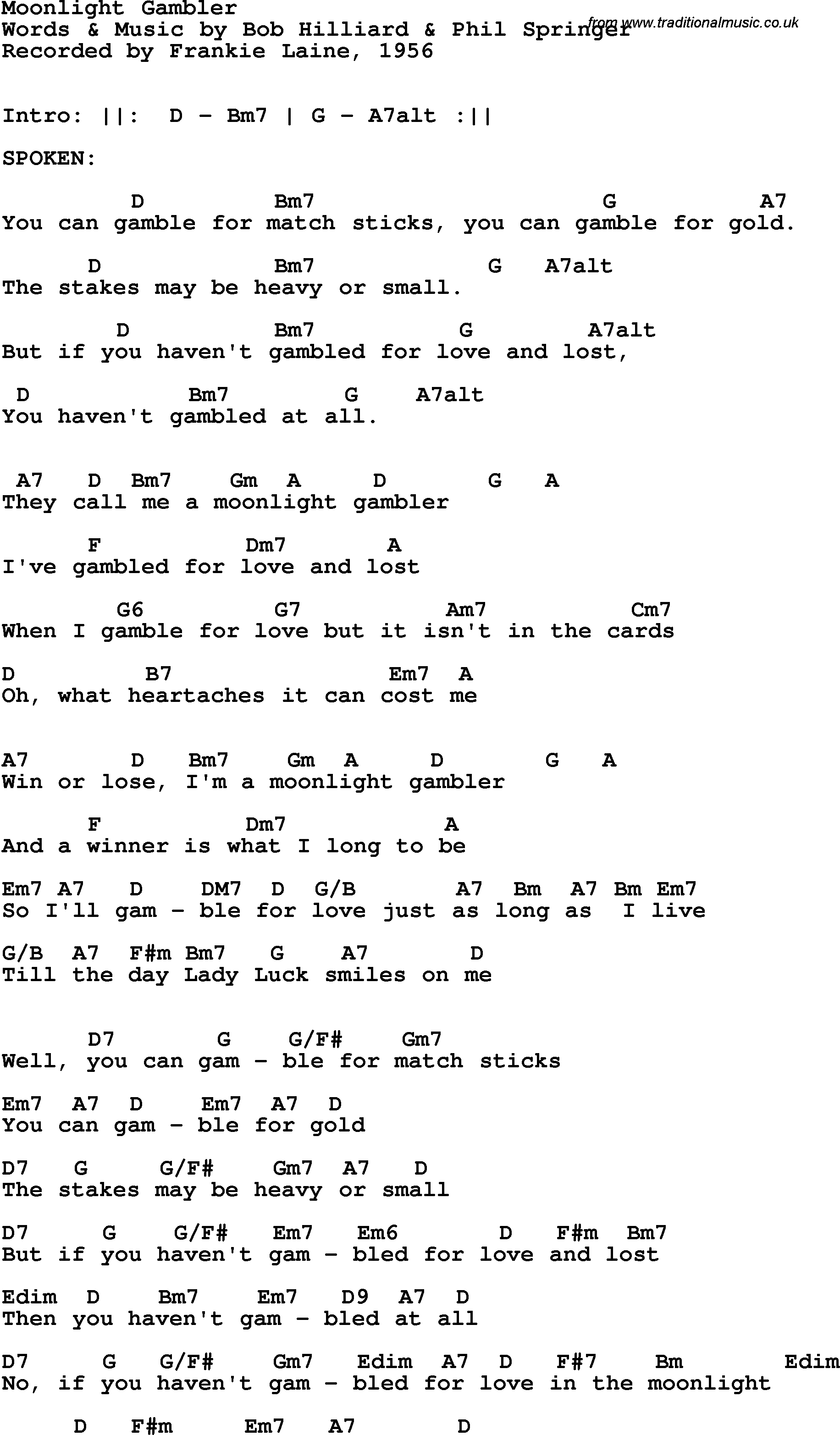 Song Lyrics with guitar chords for Moonlight Gambler - Frankie Laine, 1956