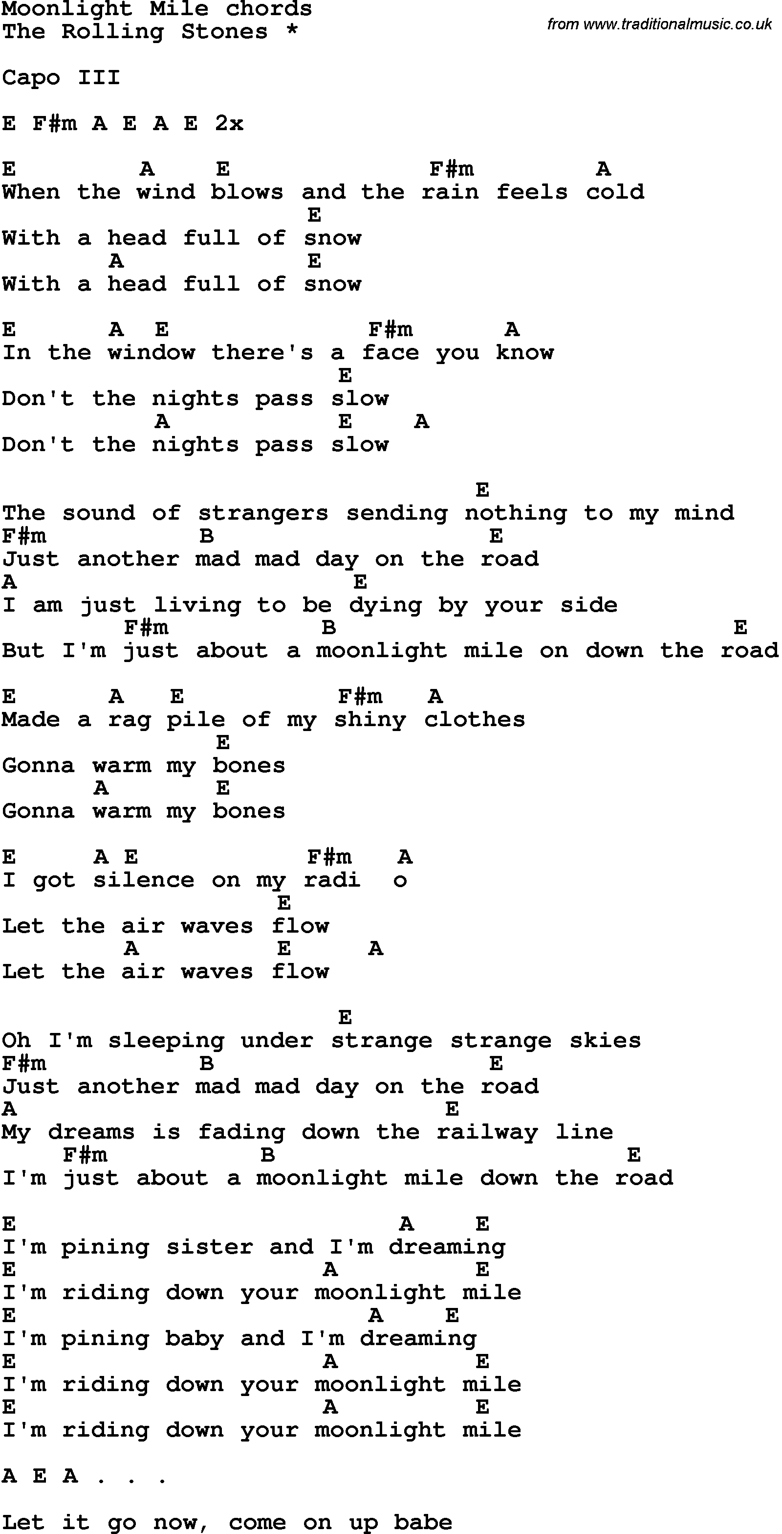 Song Lyrics with guitar chords for Moonlight Mile