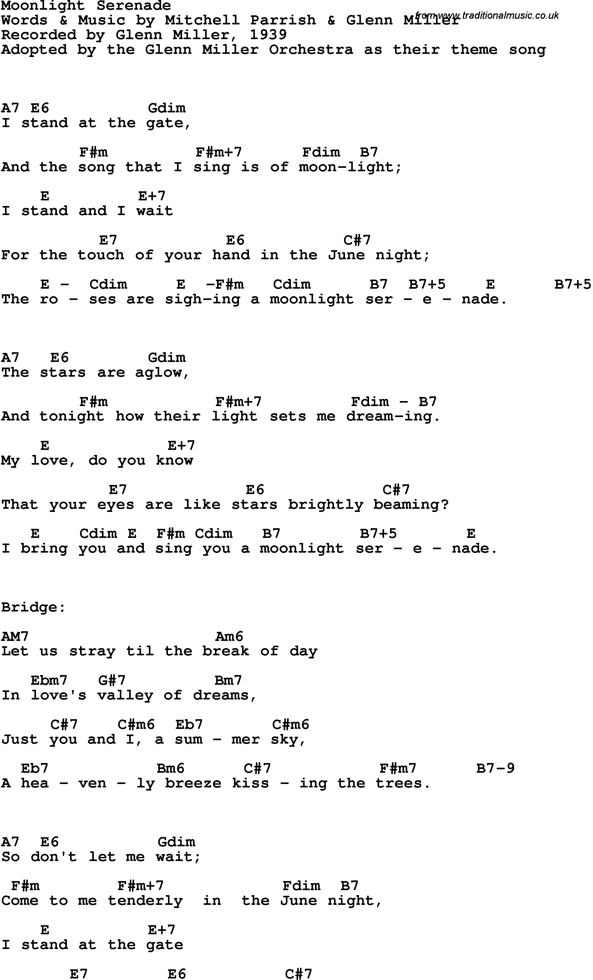 Song Lyrics with guitar chords for Moonlight Serenade - Glenn Miller, 1939