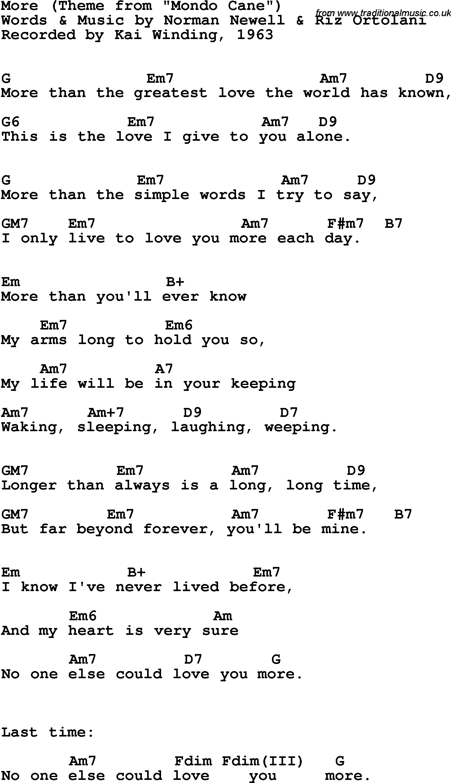 Song Lyrics with guitar chords for More - Kai Winding, 1963