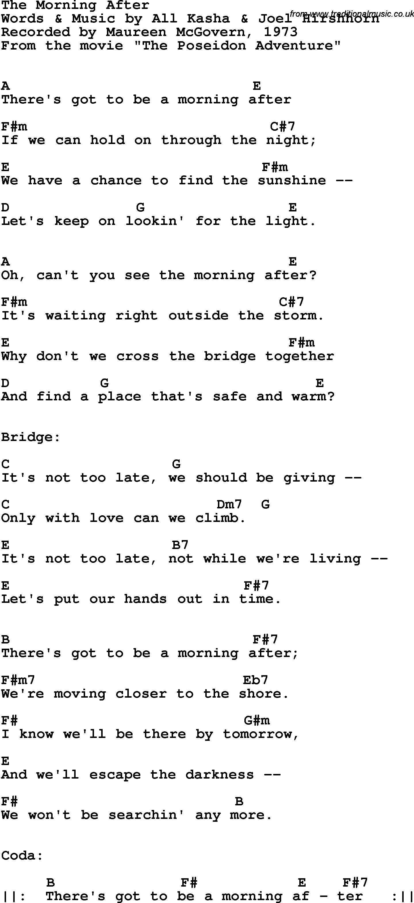 Song Lyrics with guitar chords for Morning After, The - Maureen Mcgovern, 1973