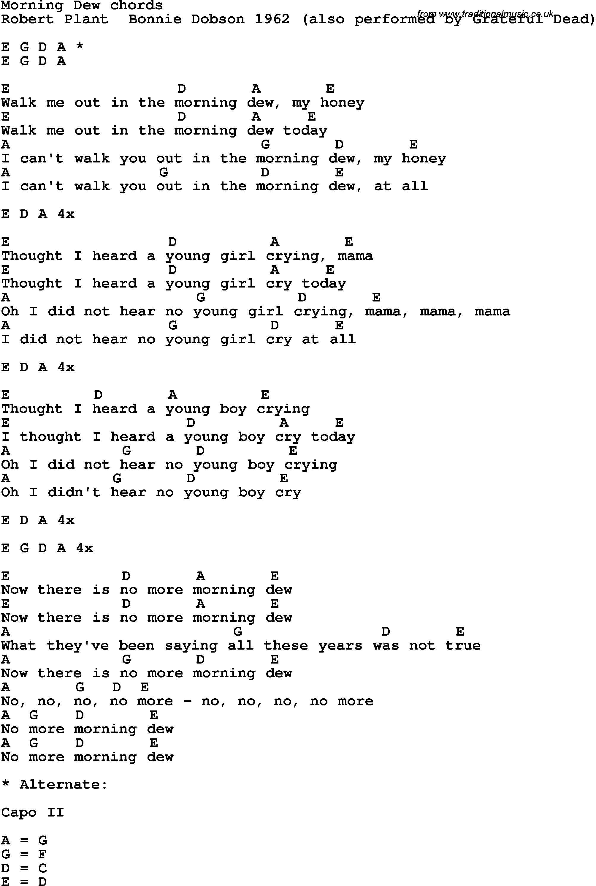 Song Lyrics with guitar chords for Morning Dew - Robert Plant