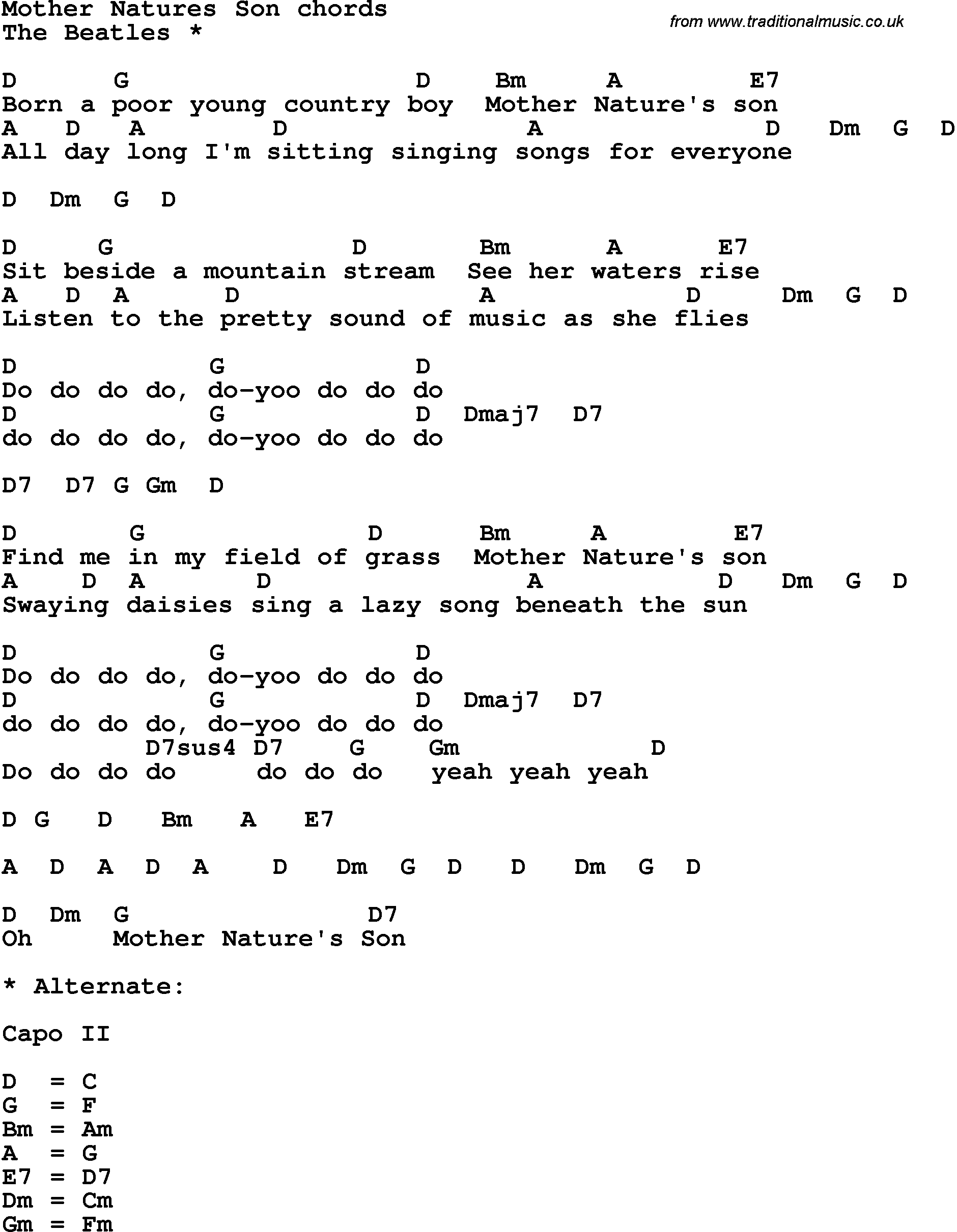 Song Lyrics with guitar chords for Mother Nature's Son