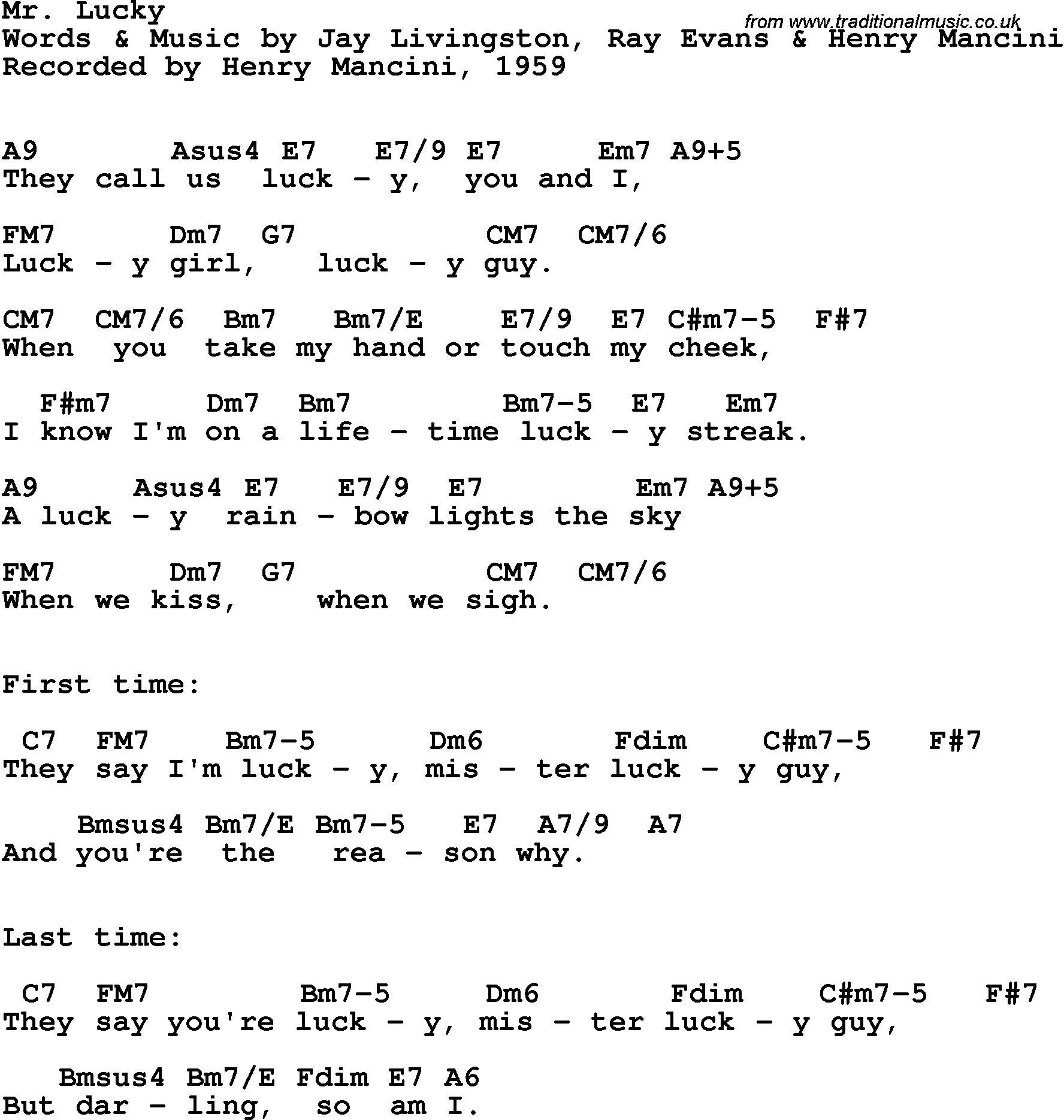 Song Lyrics with guitar chords for Mr Lucky - Henry Mancini, 1959