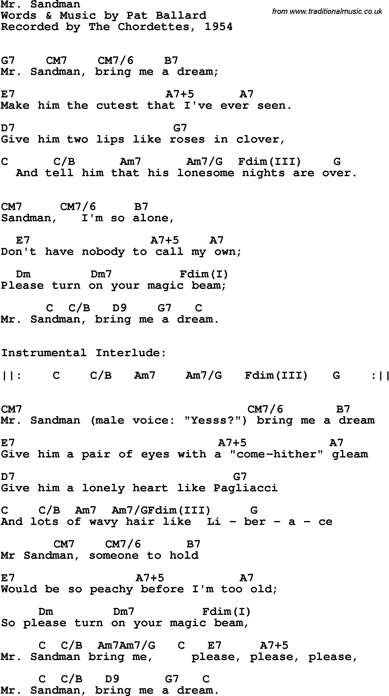 Song Lyrics with guitar chords for Mr Sandman - The Chordettes, 1954