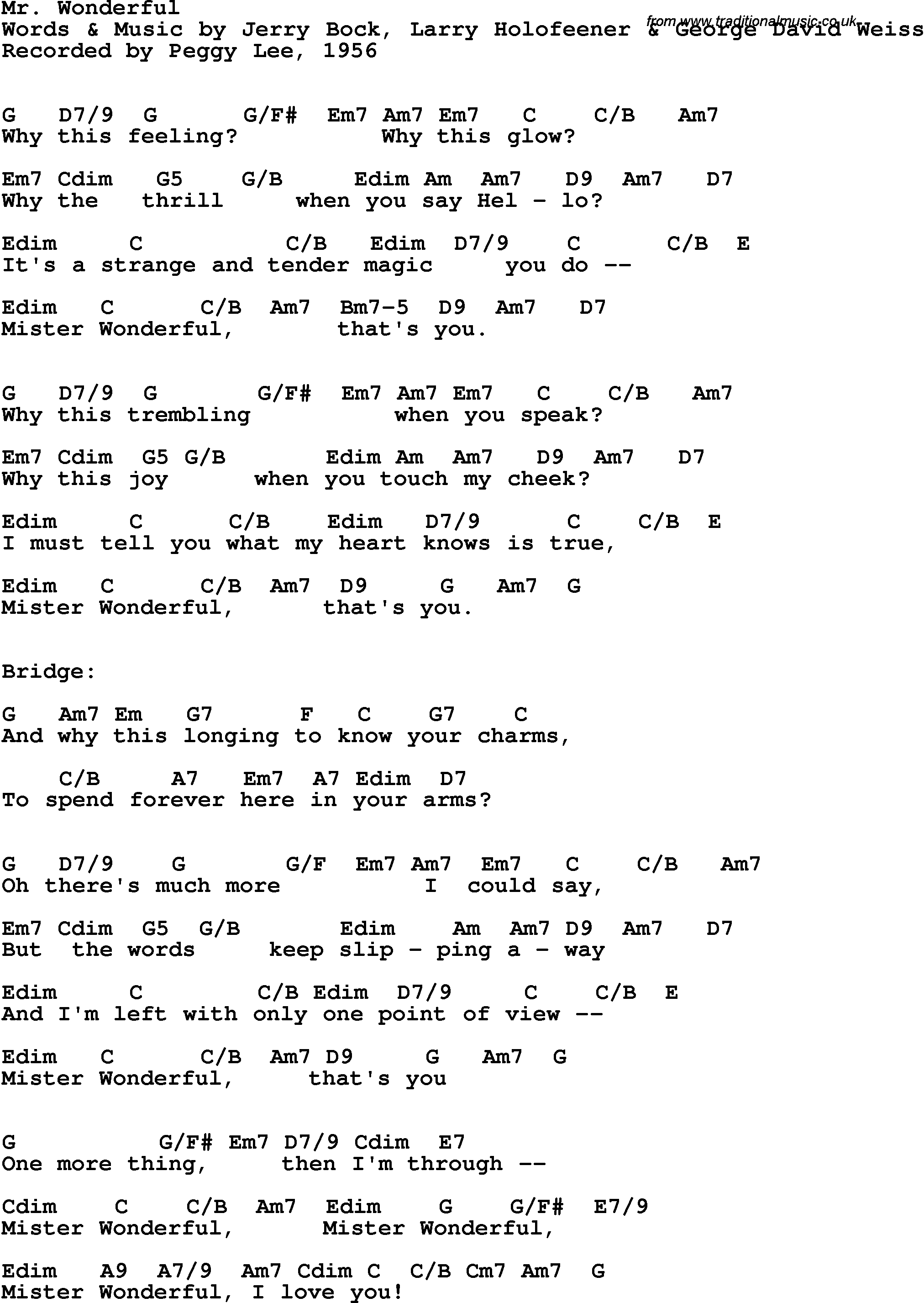 Song Lyrics with guitar chords for Mr Wonderful - Peggy Lee, 1956