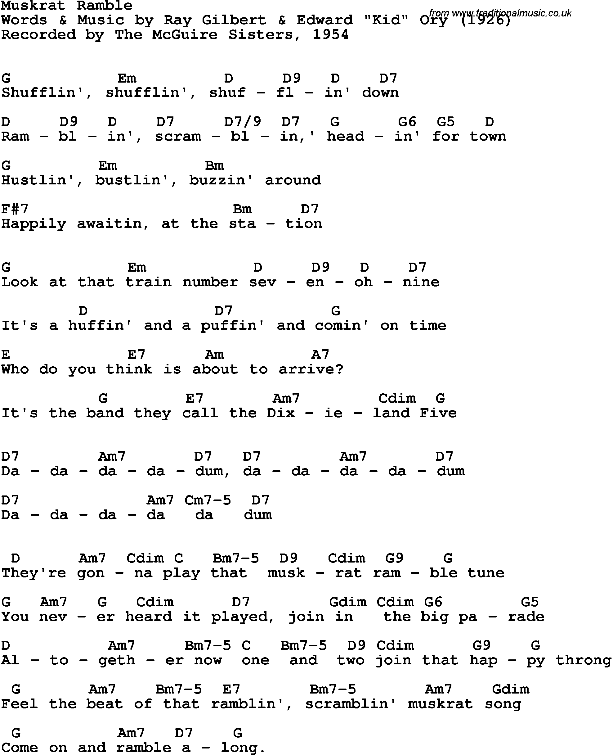 Song Lyrics with guitar chords for Muskrat Ramble - The Mcguire Sisters, 1954