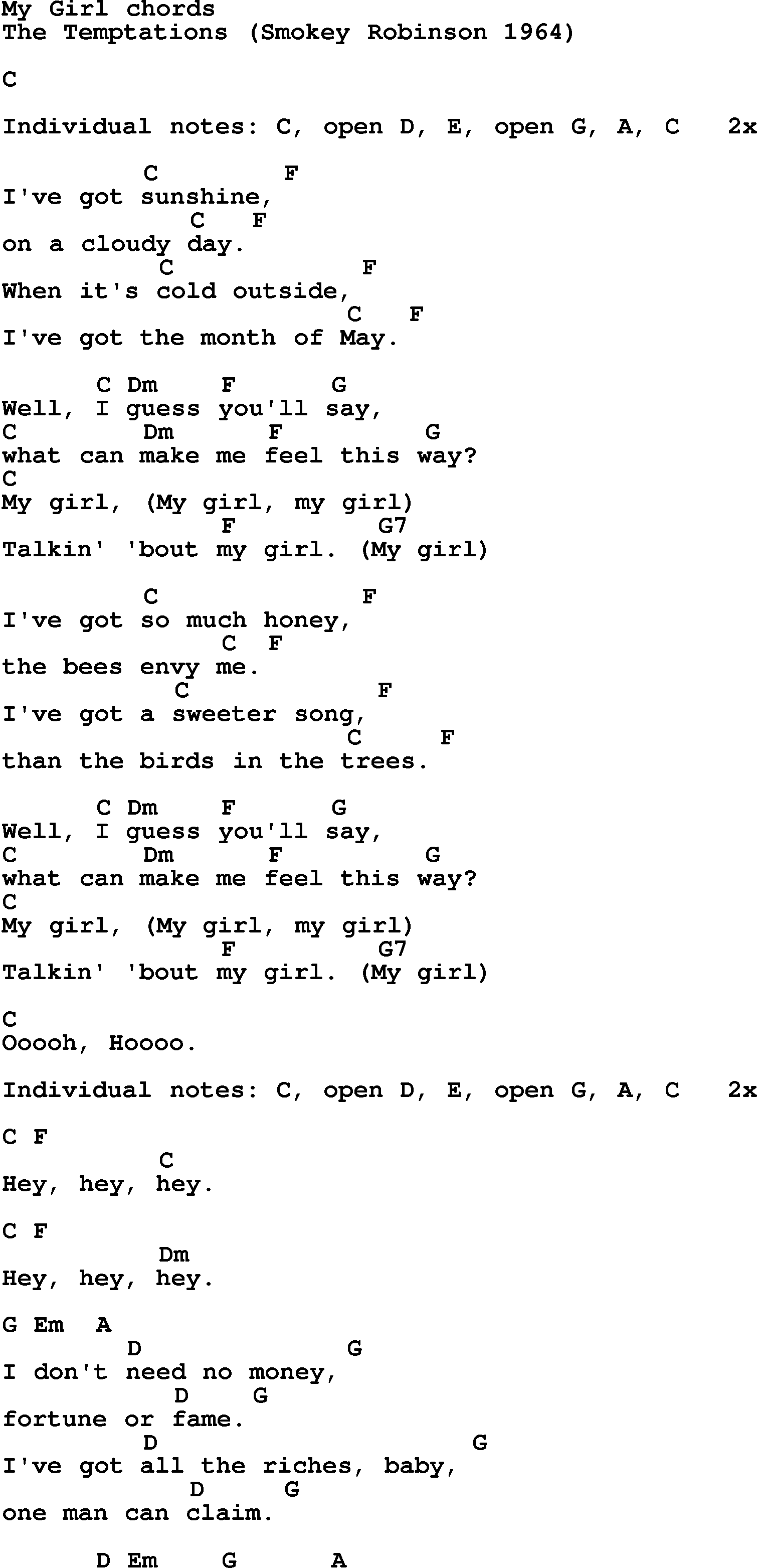 Song Lyrics with guitar chords for My Girl