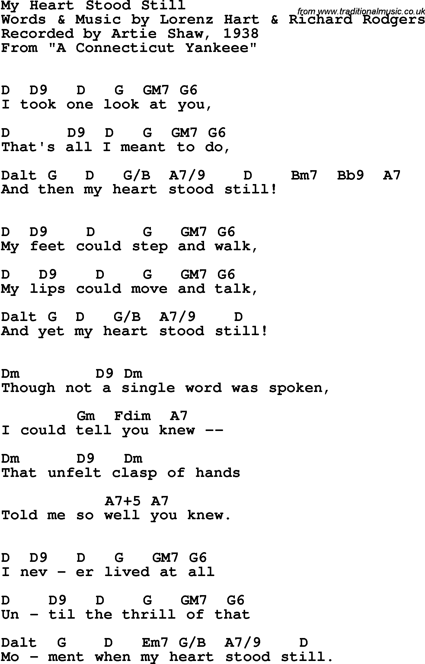 Song Lyrics with guitar chords for My Heart Stood Still - Artie Shaw, 1938
