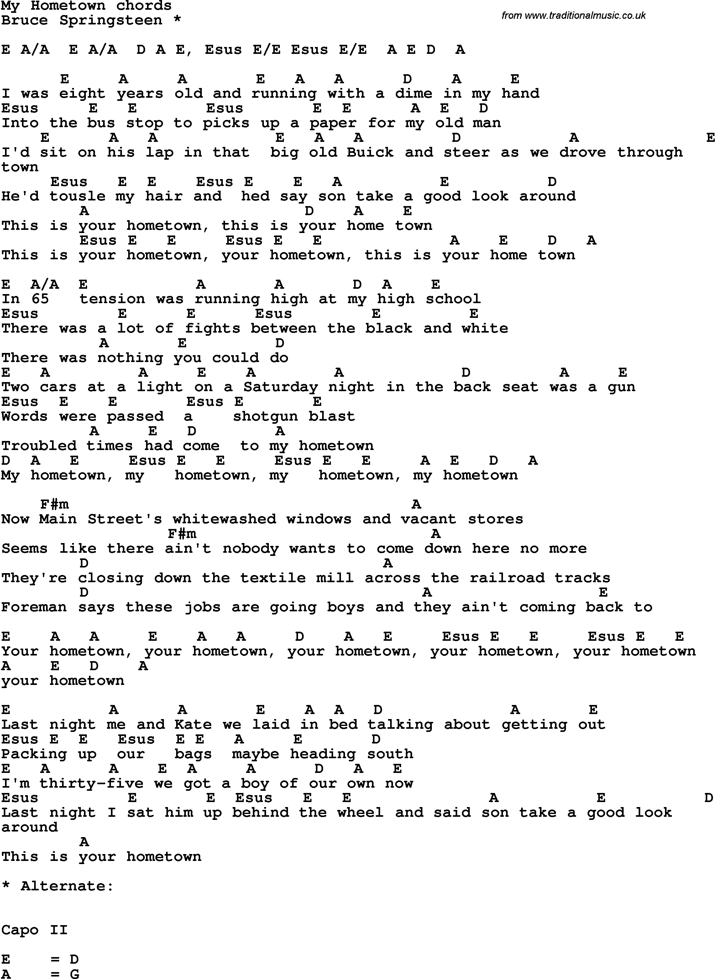 Song Lyrics with guitar chords for My Hometown