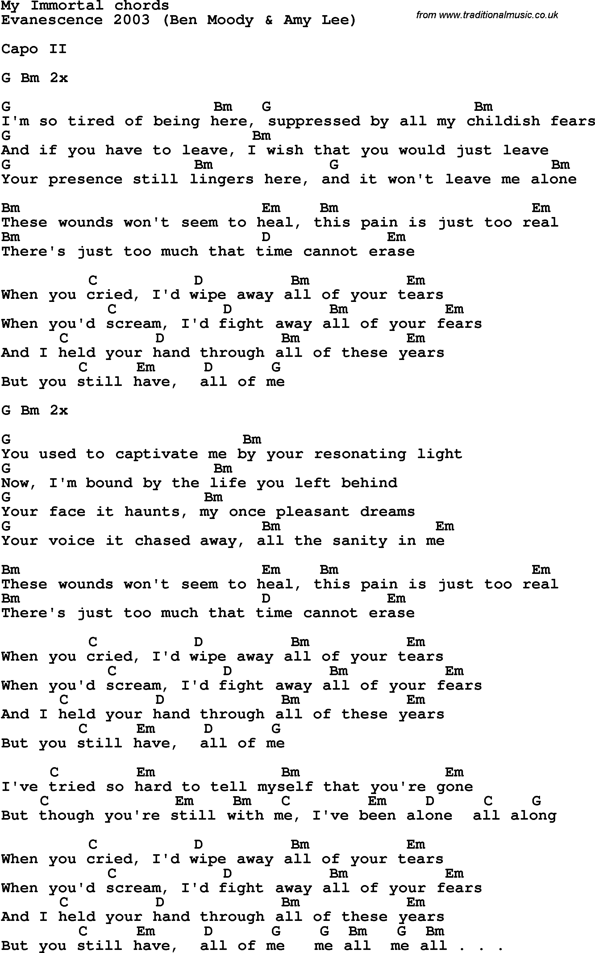 Song Lyrics with guitar chords for My Immortal