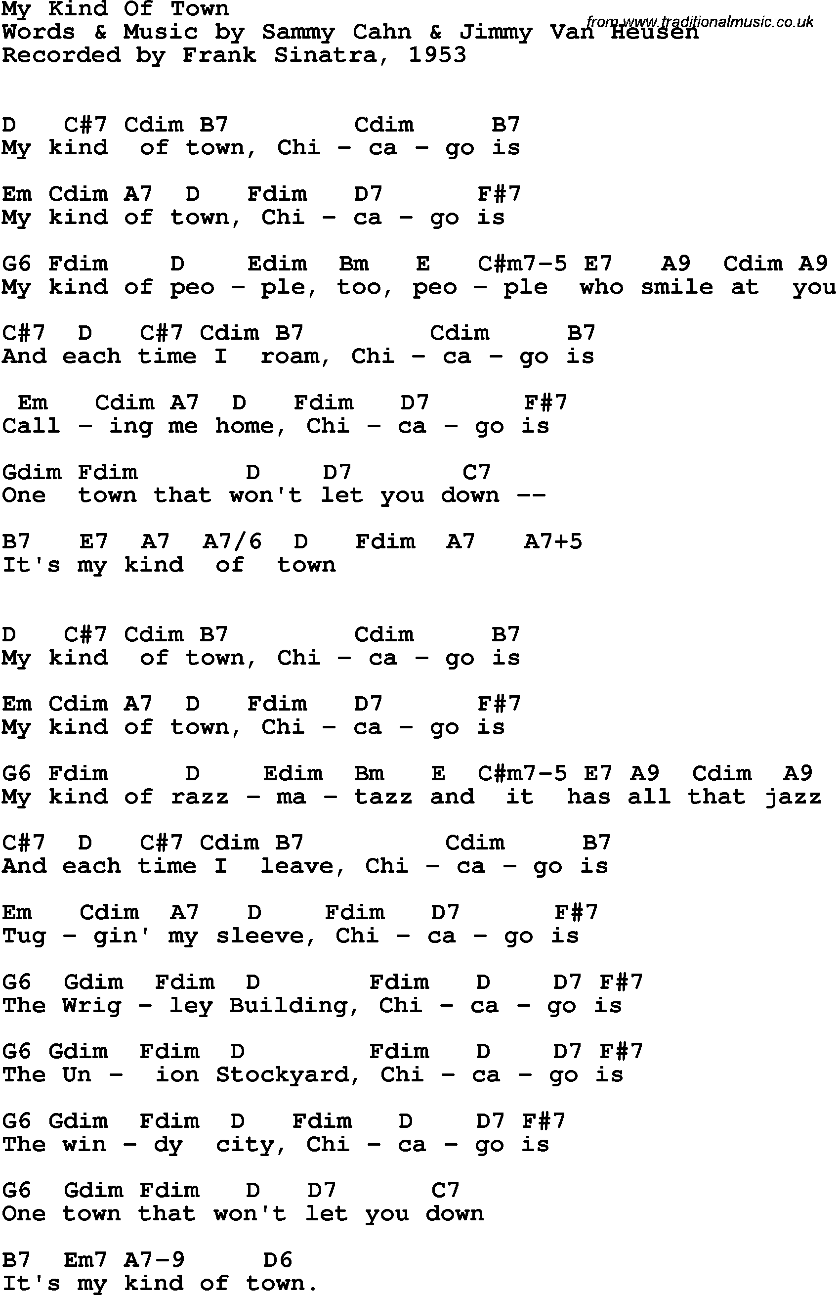 Song Lyrics with guitar chords for My Kind Of Town - Frank Sinatra, 1953