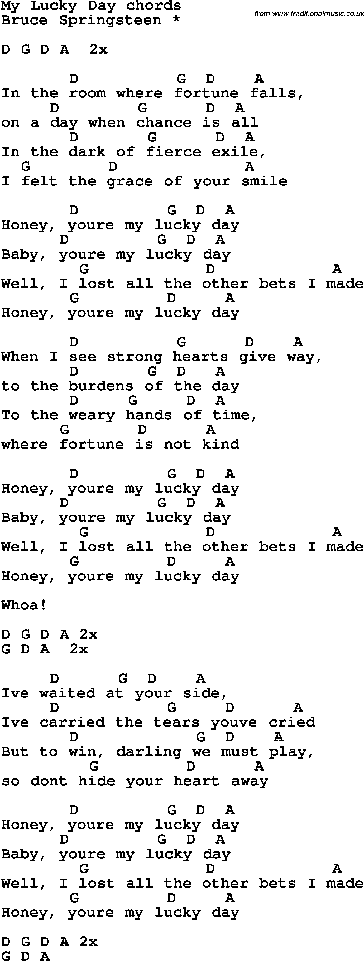 Song Lyrics with guitar chords for My Lucky Day