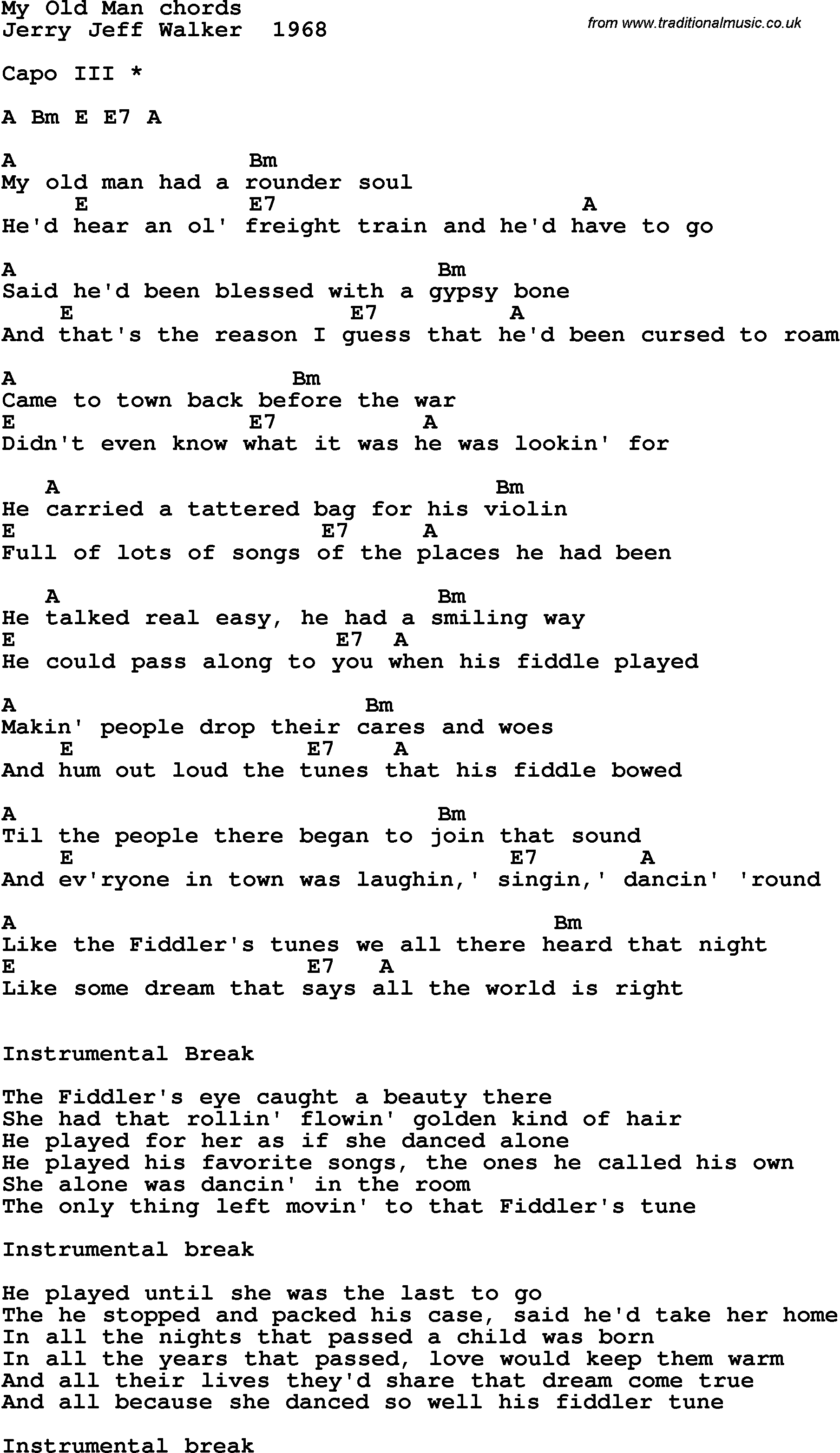 Song Lyrics with guitar chords for My Old Man