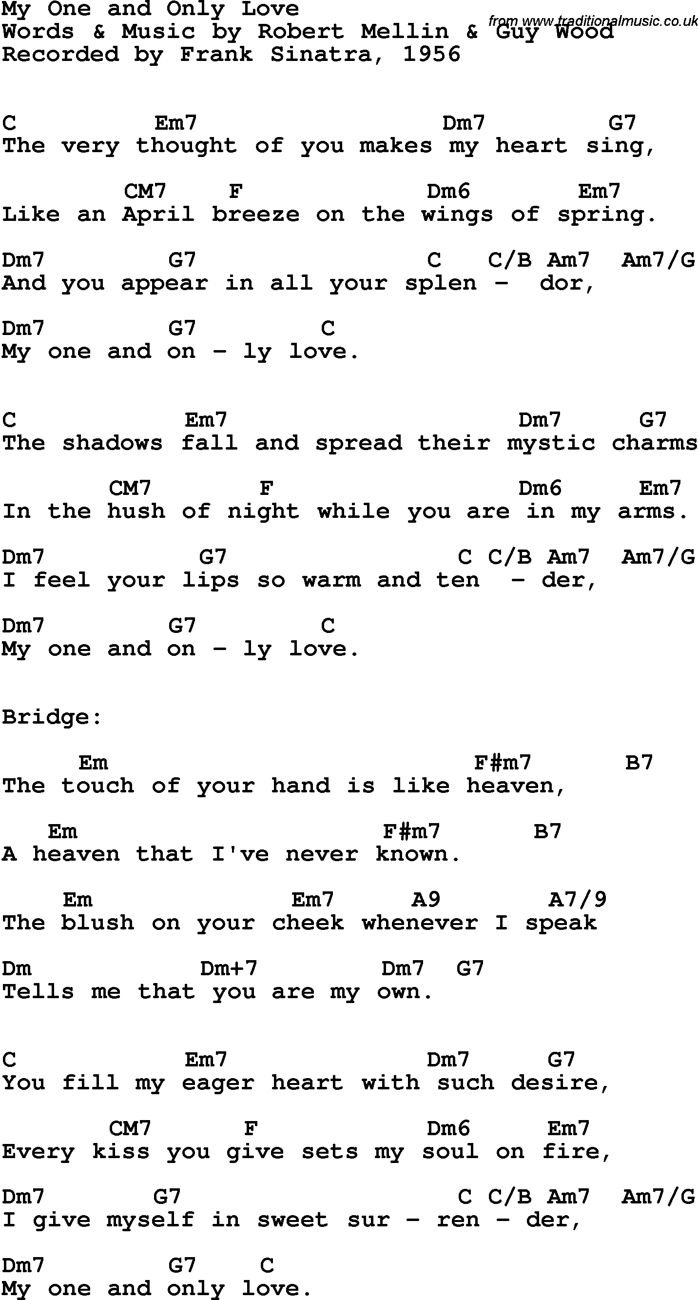 Song Lyrics with guitar chords for My One And Only Love - Frank Sinatra, 1956