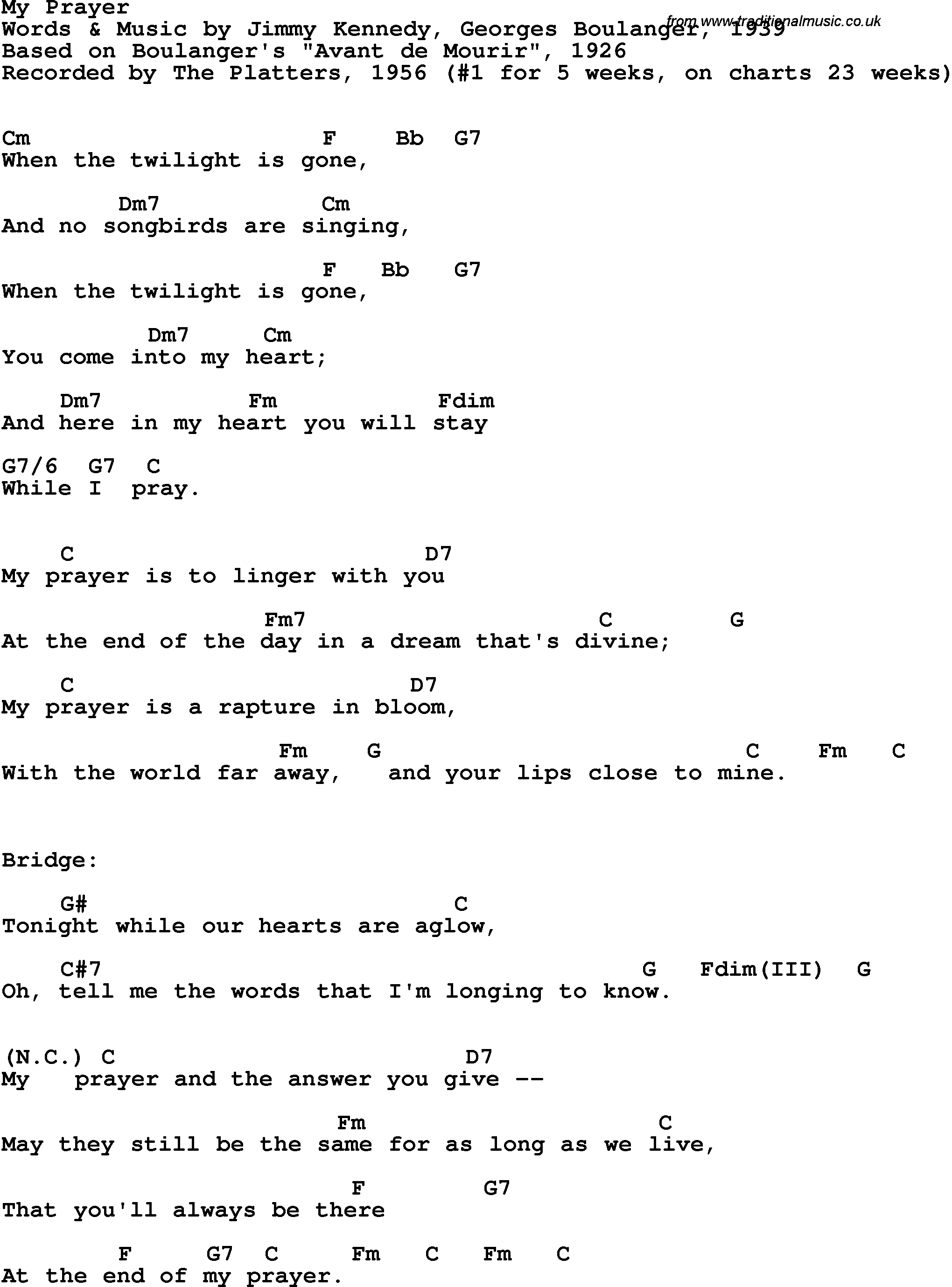 Song Lyrics with guitar chords for My Prayer - The Platters, 1956