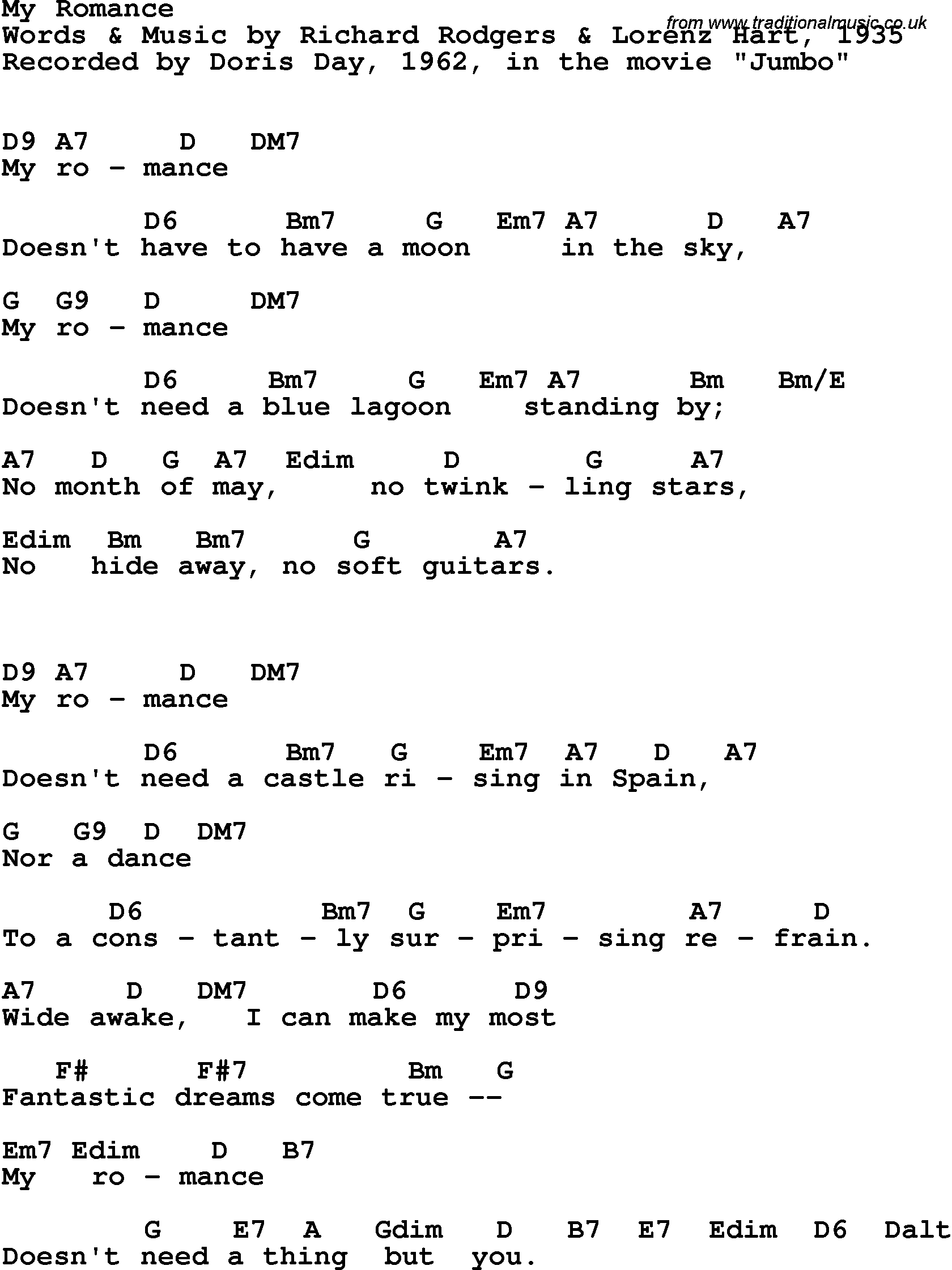 Song Lyrics with guitar chords for My Romance - Doris Day, 1962